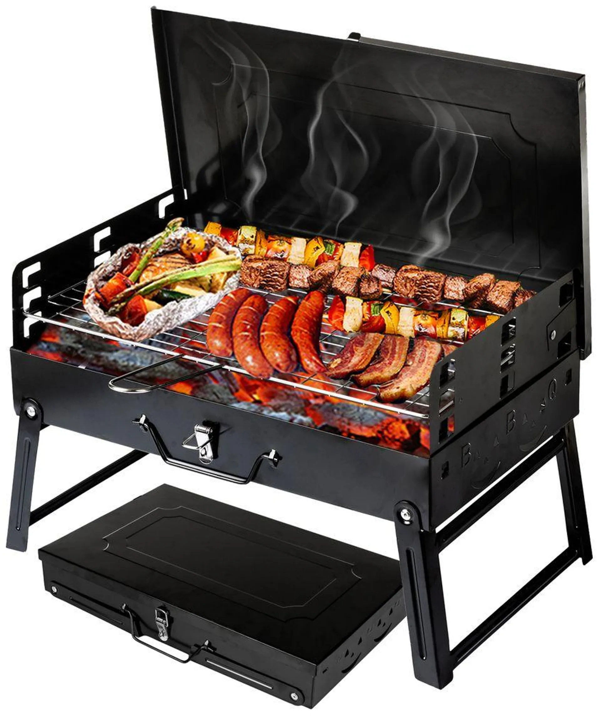 Holzkohlegrill Picknickgrill Kleiner Grill Klappgrill Tragbare BBQ Grill Grill Holzkohlegrill für Camping Garten Party Barbecue Schwarz, GC0015