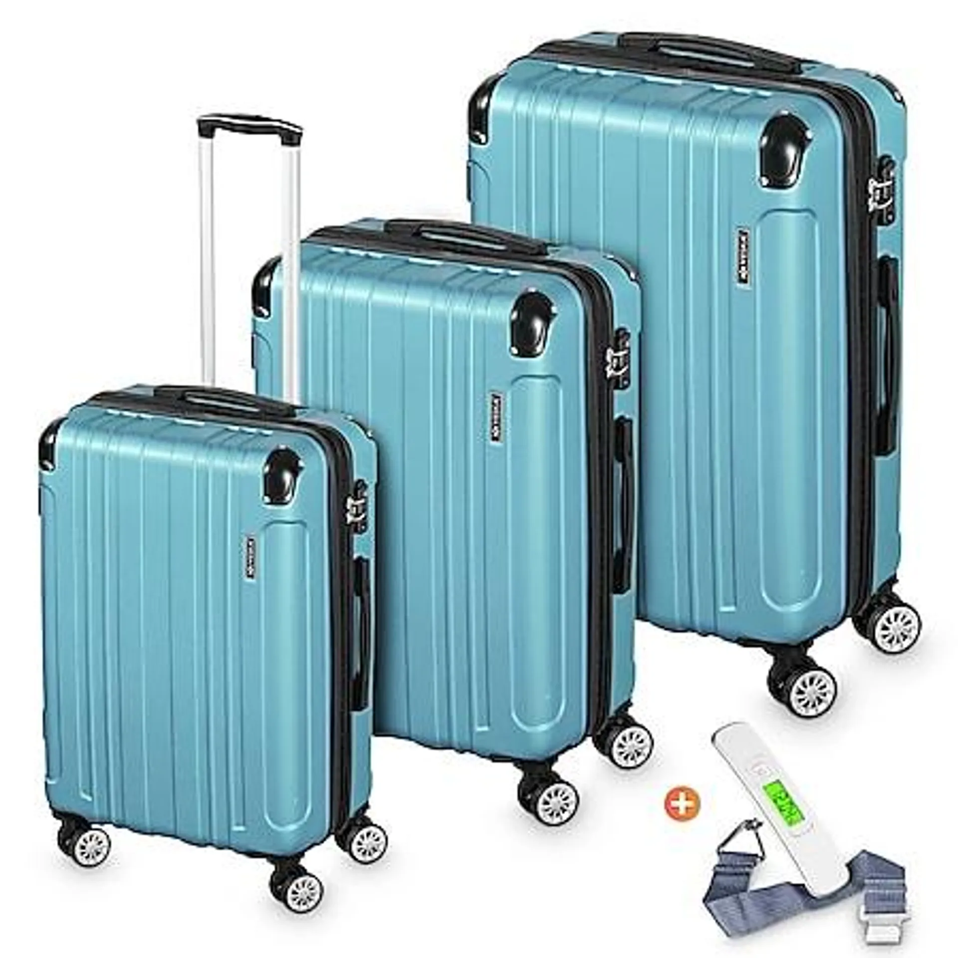 Veska Hartschalenkoffer Kofferset "Madrid" 3 teilig mit TSA Zahlenschloss 4 Rollen ABS-Hartschale, Reisekoffer Trolley Rollkoffer Koffer - nebelblau