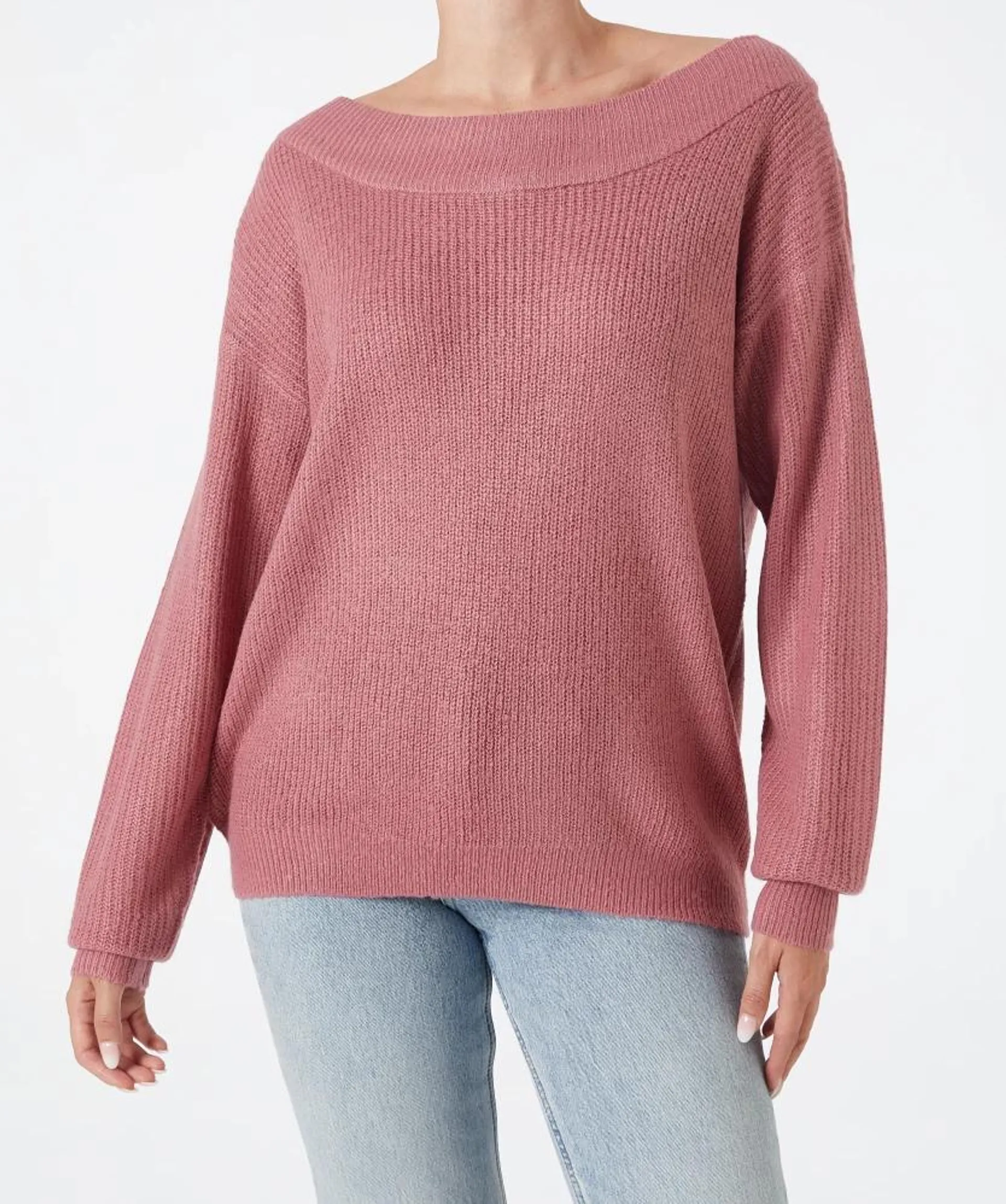 Strickpullover in Rosa Janina, Carmen-Ausschnitt