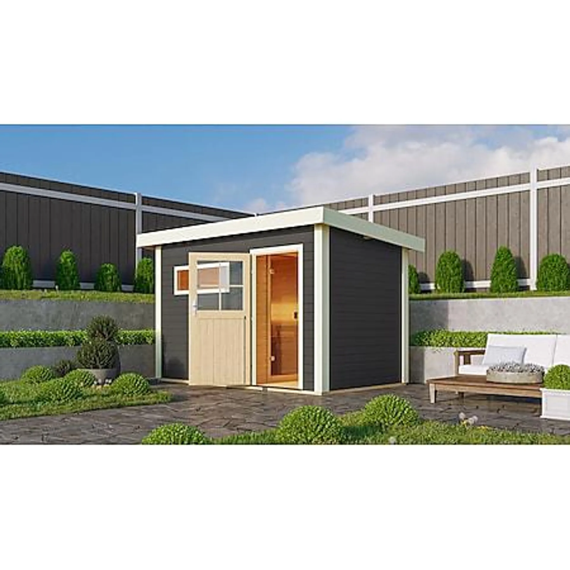 Karibu Saunahaus "Ondo" 1 SET terragrau mit Ofen 9 kW Bio ext. Strg, Kabel, Dachfolie, Fenster