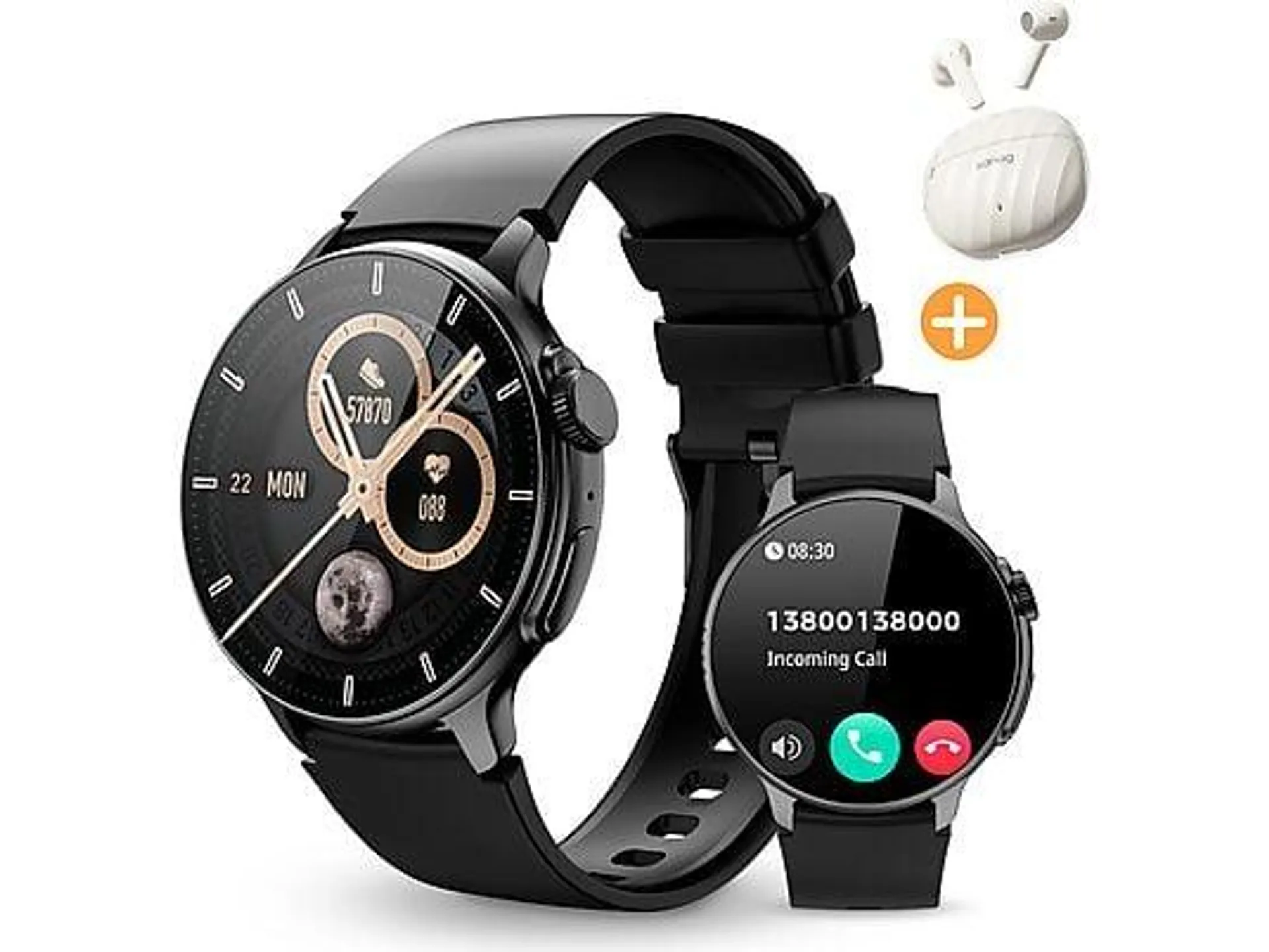 RAYOFI Smartwatch, AMOLED Smartwatch Damen Herren, 1,43' Rundes Sportuhr, Uhr & Bluetooth Kopfhörer Combo Smartwatch Silikon, 255 mm, Schwarz/Gold/Silver