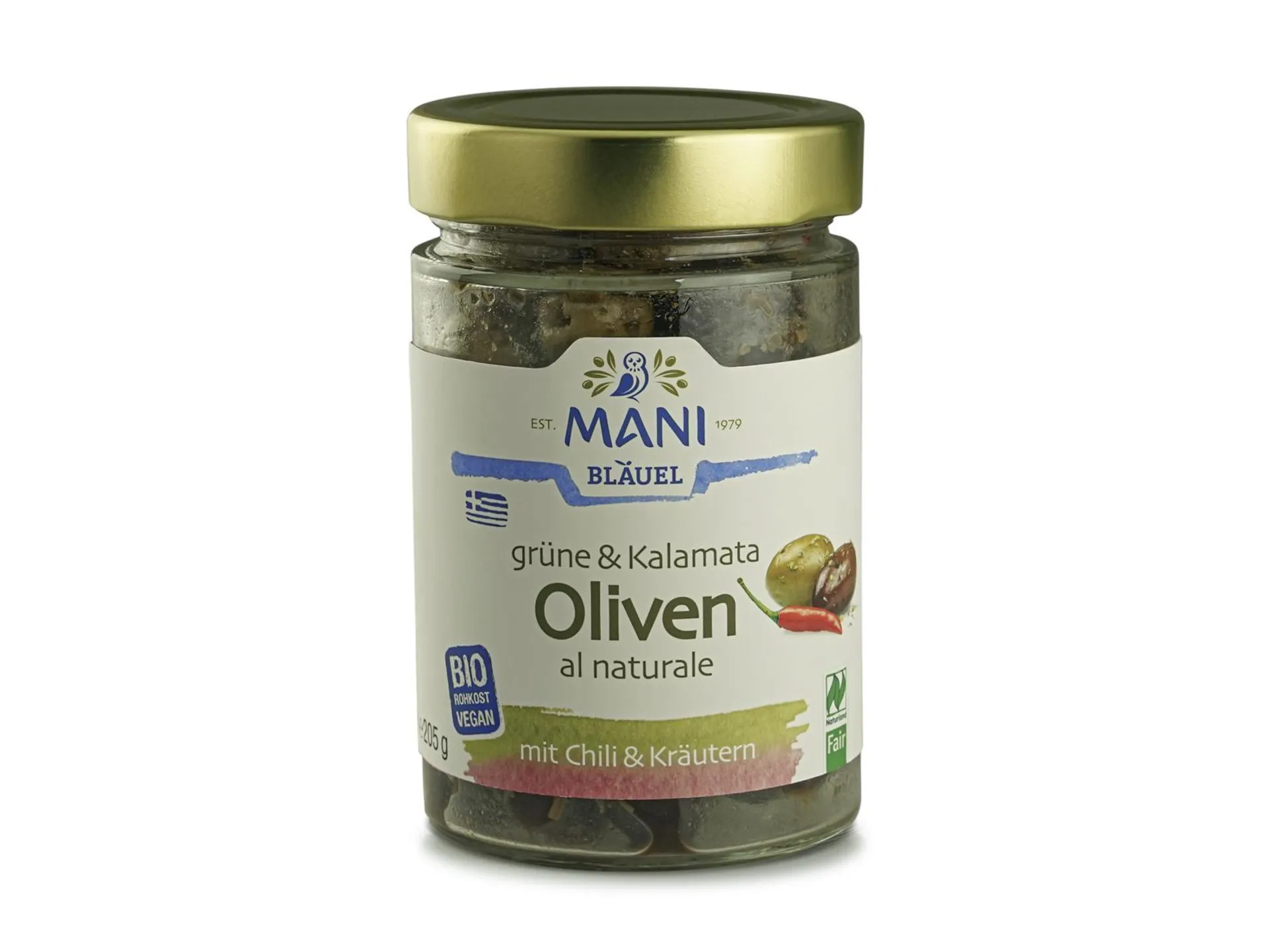Mani Bläuel Grüne & Kalamata Oliven al naturale Chili & Kräuter 205g