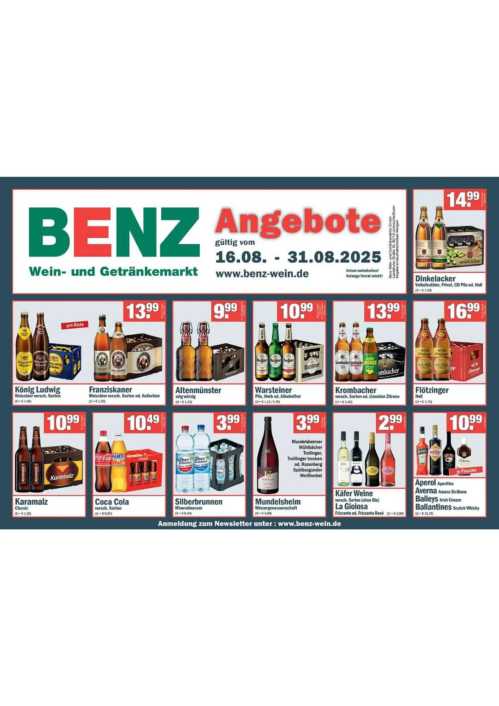 Benz Getränke Prospekt von 16. August bis 31. August 2025 - Prospekt seite 1