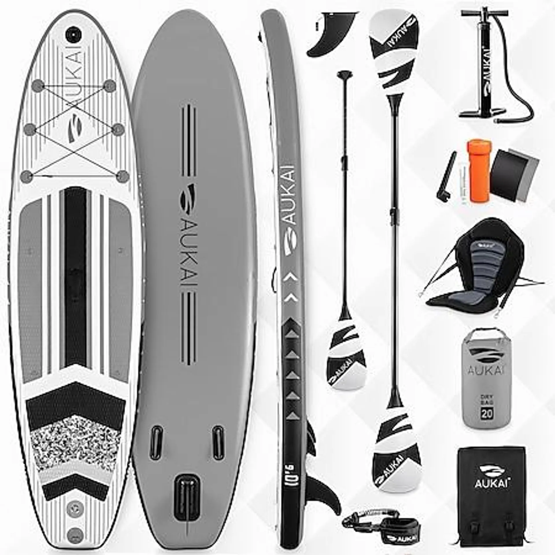 Stand Up Paddle Board "AUKAI Pro" mit Kajak-Sitz grau