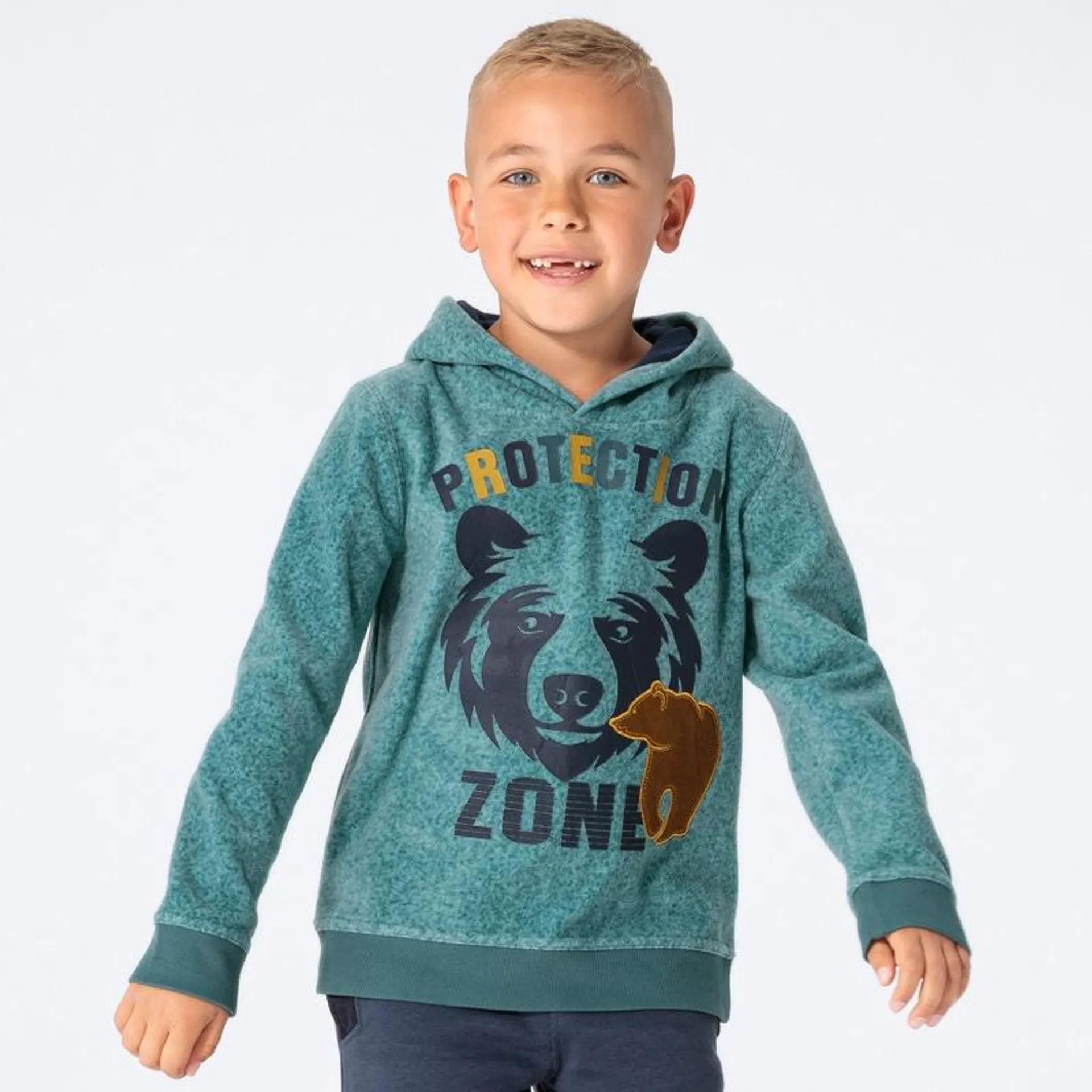 Kinder-Jungen-Fleecekapuzenshirt mit Applikationen