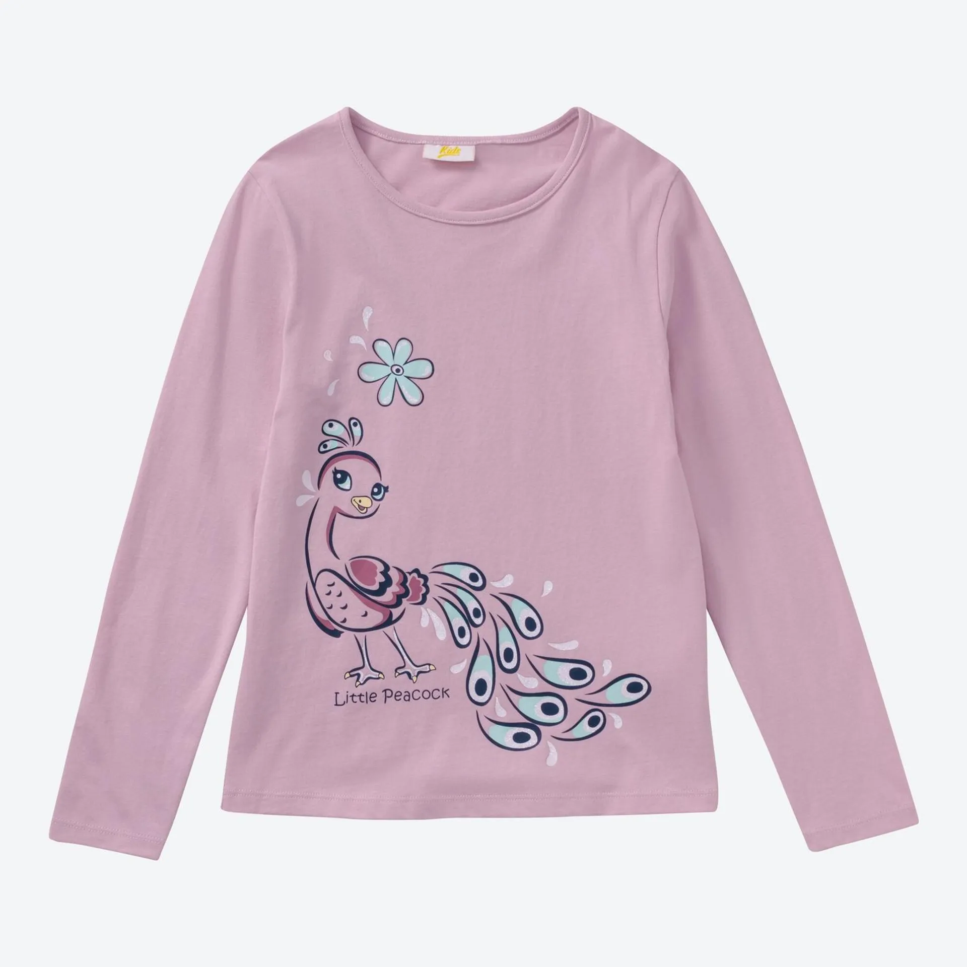 Kinder-Mädchen-Langarmshirt mit Pfau-Motiv