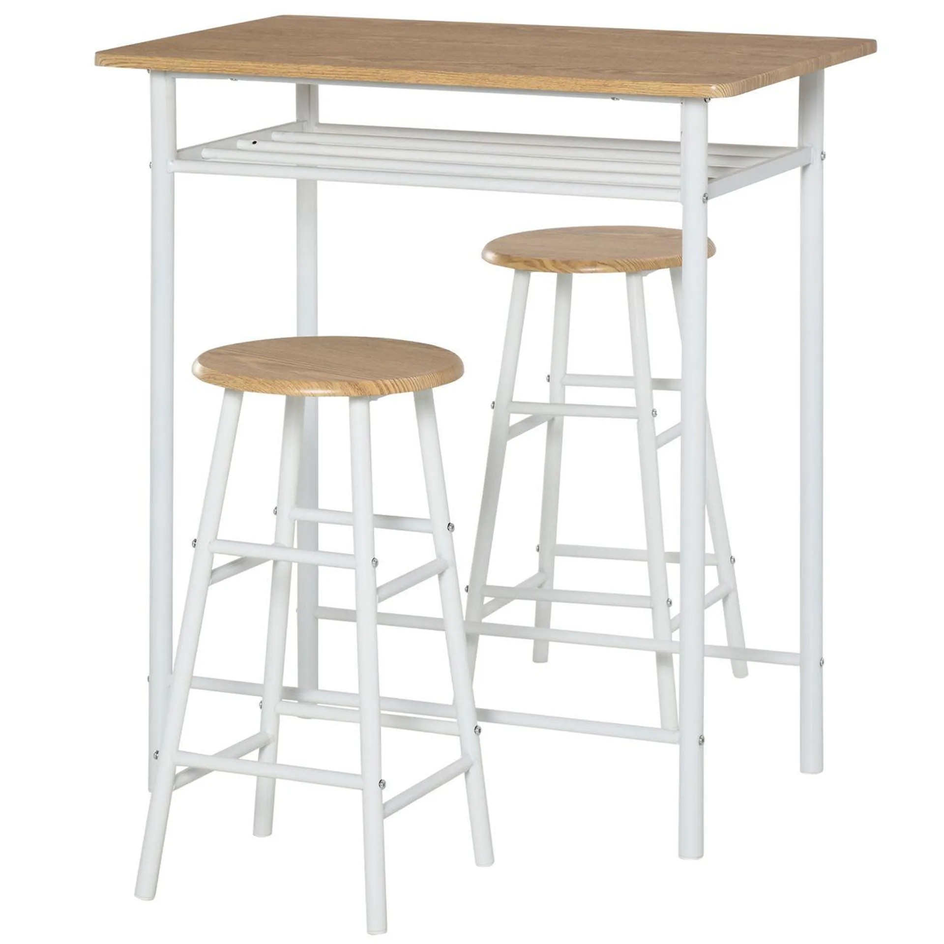 Bartisch Set 3-teilig Esstisch mit 2 Barhocker Küchentisch und Stühle Stehtisch und Barhocker mit Lagerregal MDF-Platte Stahl Weiß+Eiche 80 x 50 x 90 cm