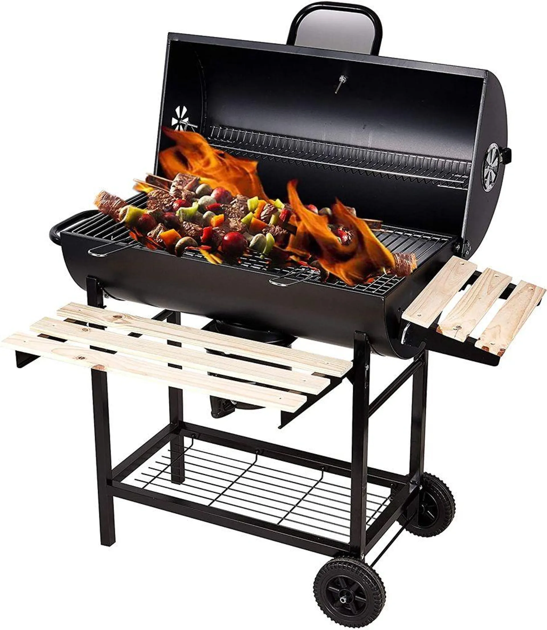 SunJas Holzkohlegrill CA-30, Komplett-Set, Grillstation auf Rollen mit 2 Kammern, Grillwagen Holzkohlegrill mit Deckel, mit Temperaturanzeige,Holz-Ablagen Gartengrill, Seitenablage Aschetopf