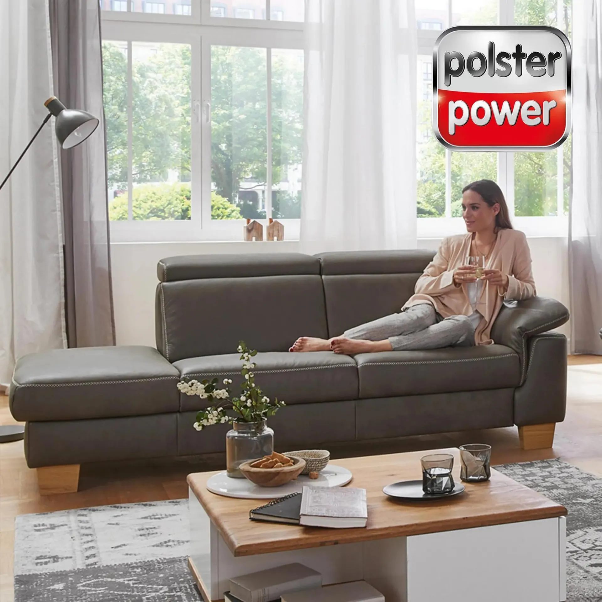 polsterpower 2,5-Recamiere Ledersofa - grau - Basismodell - Armlehne rechts