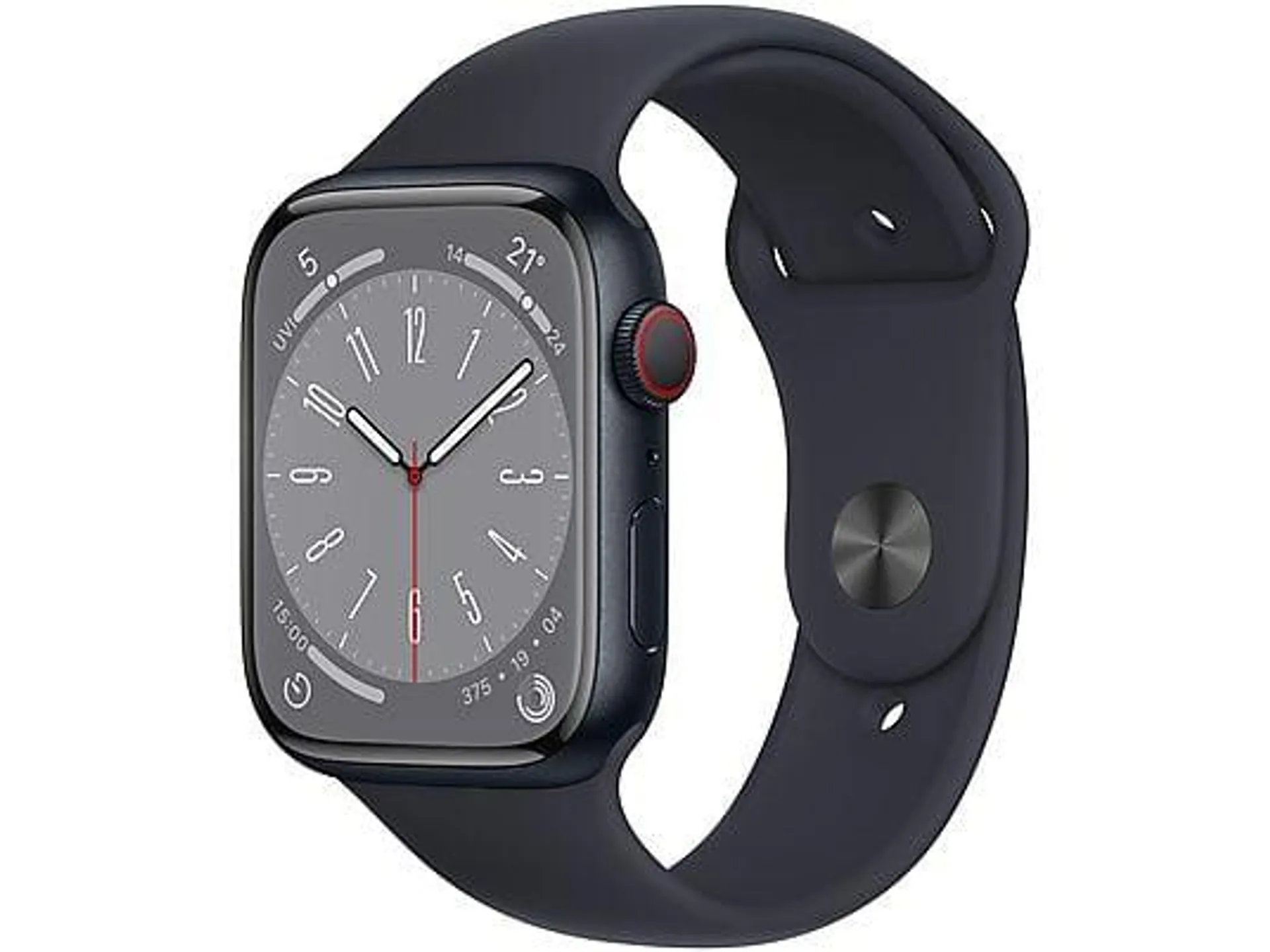 APPLE Watch Series 8 (GPS + Cellular) 45 mm Smartwatch Aluminium Fluorelastomer, 140 - 220 mm, Armband: Mitternacht, Gehäuse: Mitternacht