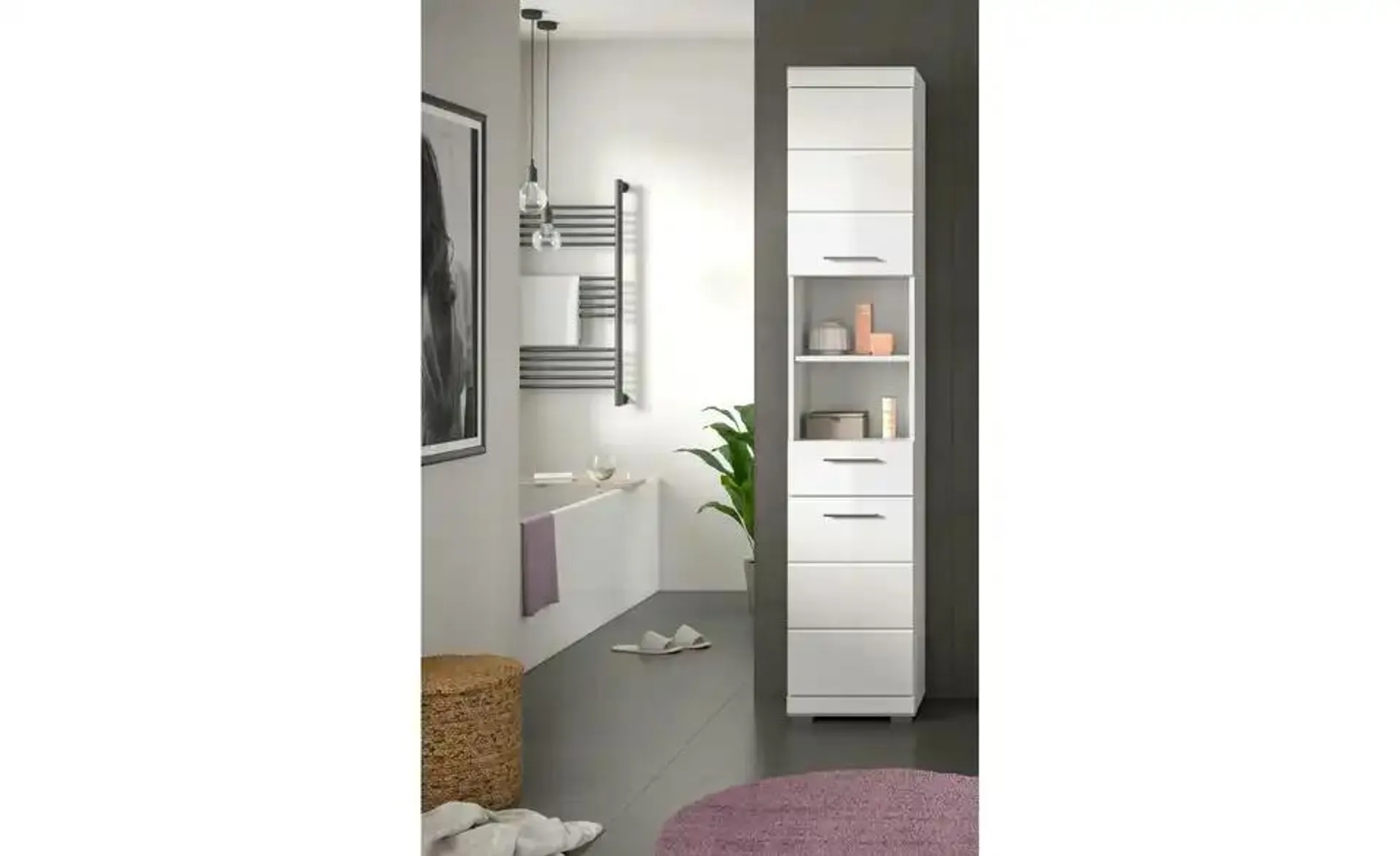 Hochschrank SCHLOONSEE, Breite 37cm, 2 Tür, 1 Schubkasten, 2 offene Fächer, MDF-Front, in verschiedenen Farben erhältlich, Badmöbel, Badschrank, Schrank, Bad