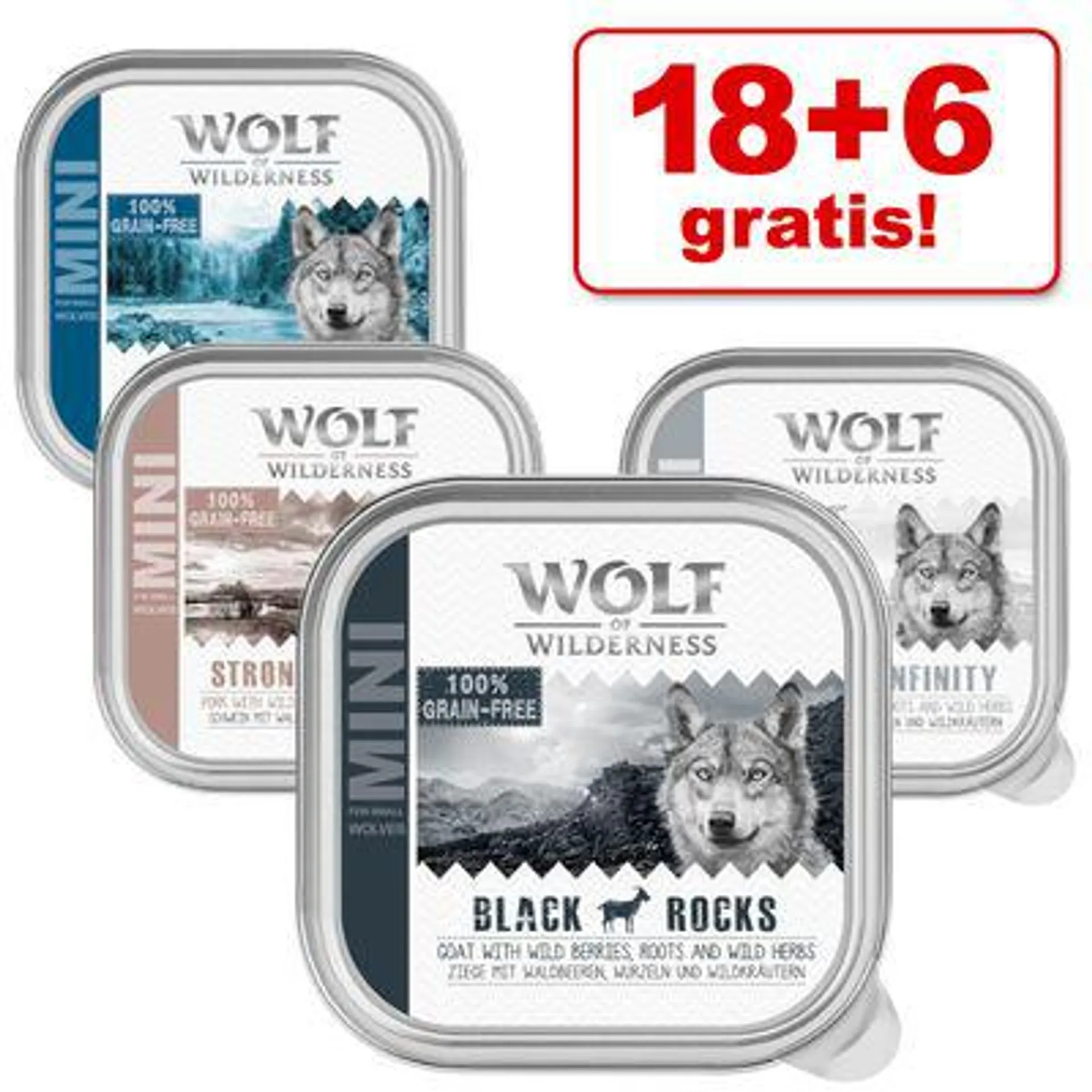 18 + 6 gratis! 24 x 150 g Wolf of Wilderness Adult - Single Protein