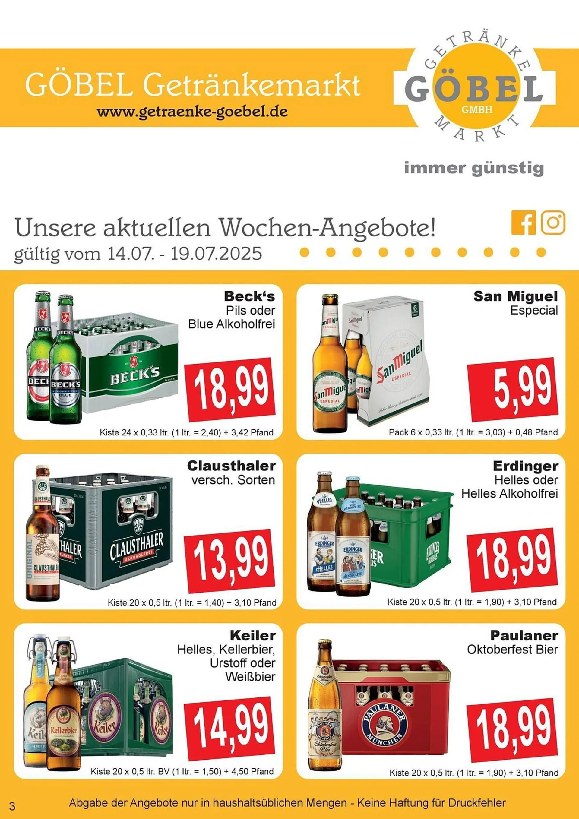 Getränke Göbel Prospekt von 14. Juli bis 19. Juli 2025 - Prospekt seite 1