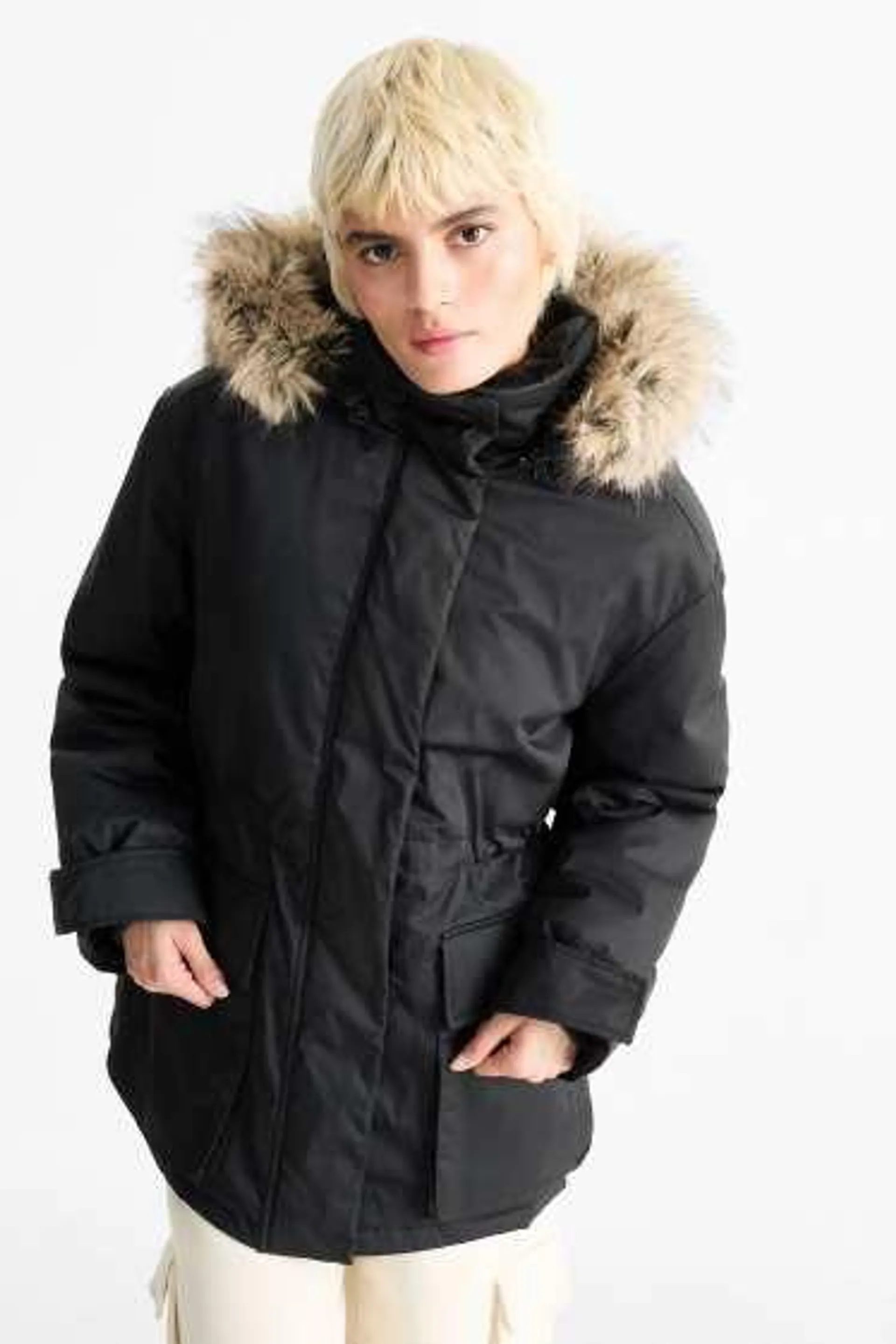 Parka with hood and faux fur trim