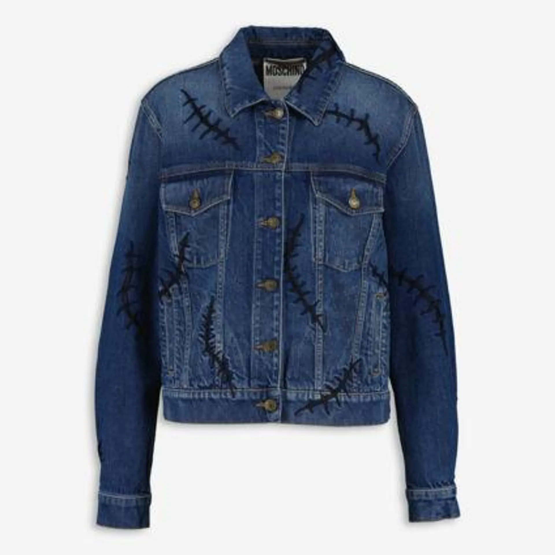 Dunkelblaue Jeansjacke mit schwarzen Ziernähten