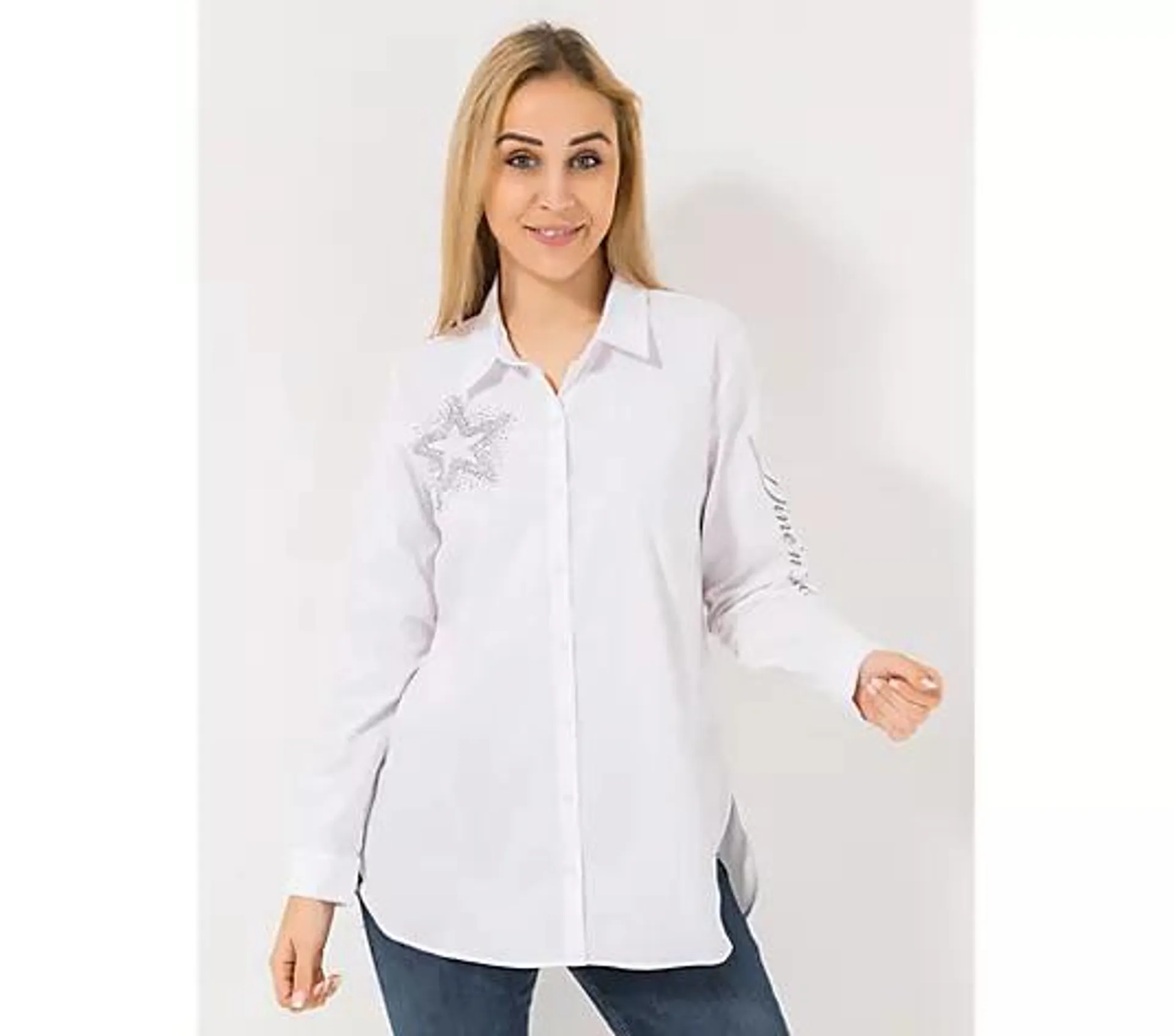 DINE 'N' DANCE Bluse, 1/1-Arm Strassdetails Logoschriftzug leger weit