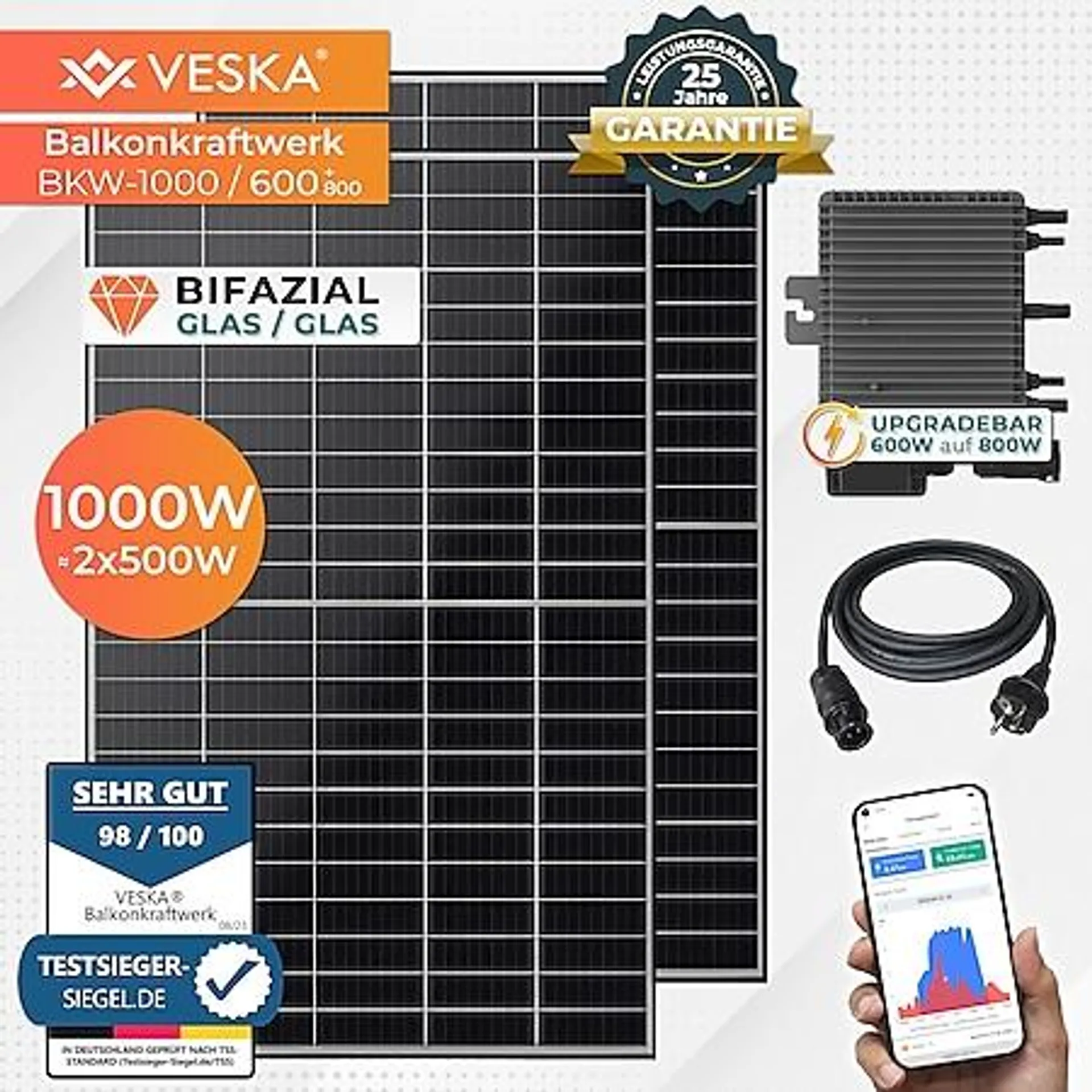 Balkonkraftwerk 1000/600+800W upgradefähig Bifazial Photovoltaik Solaranlage WIFI Smarte Mini-PV Anlage