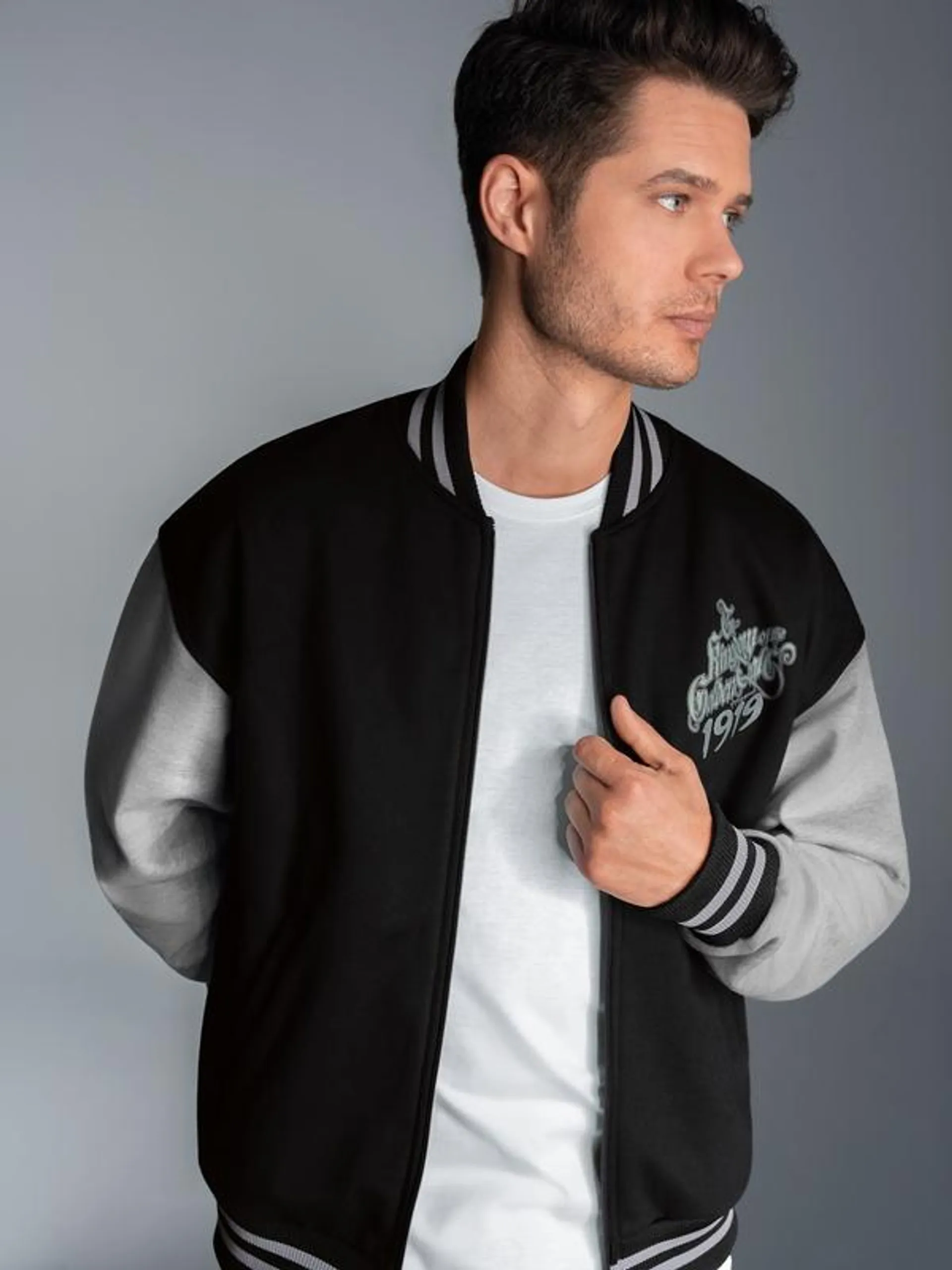 Collegejacke mit großem Adler-Rückenprint Schwarz