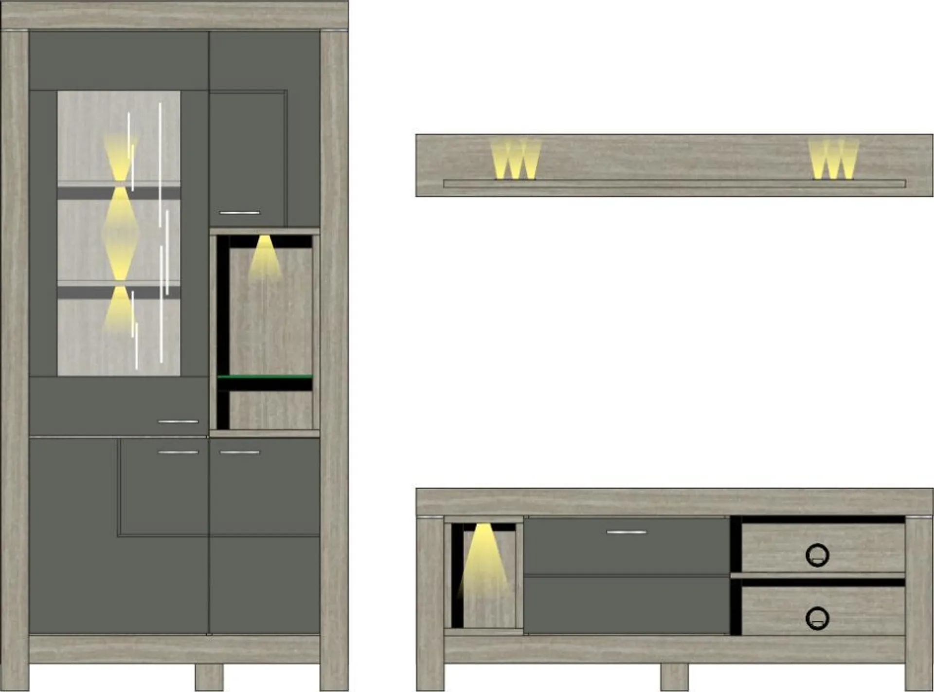 Wohwand 3-tlg inkl. LED-Beleuchtung ca 266 cm breit Granada von Wohnconcept Haveleiche / Beton dunkel