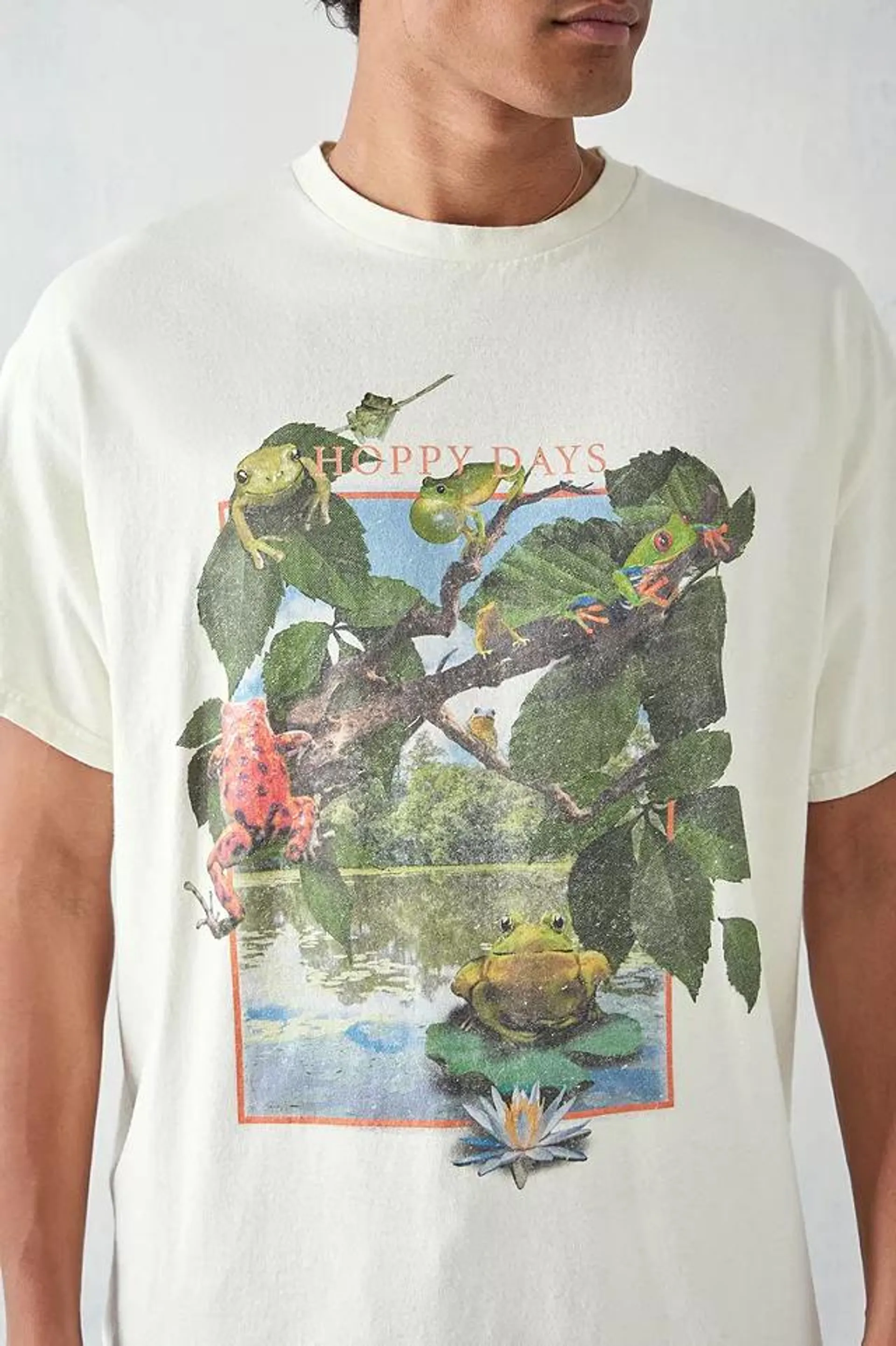 UO – Überfärbtes Vintage-T-Shirt in Weiß mit Froschmotiven