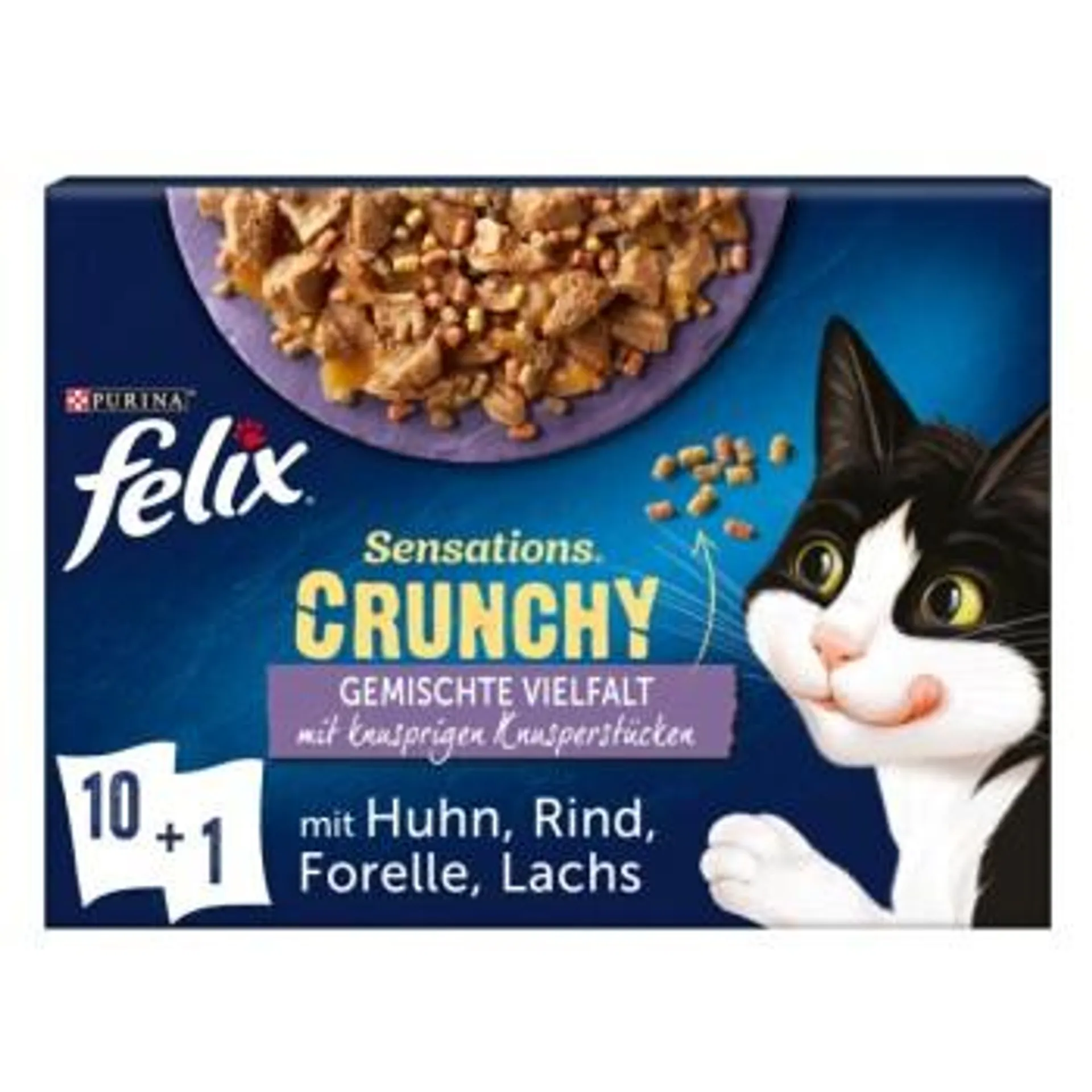 Felix Sensations Crunchy 10x85g + 40g Knusperstückchen Geschmacksvielfalt mit Gemüse