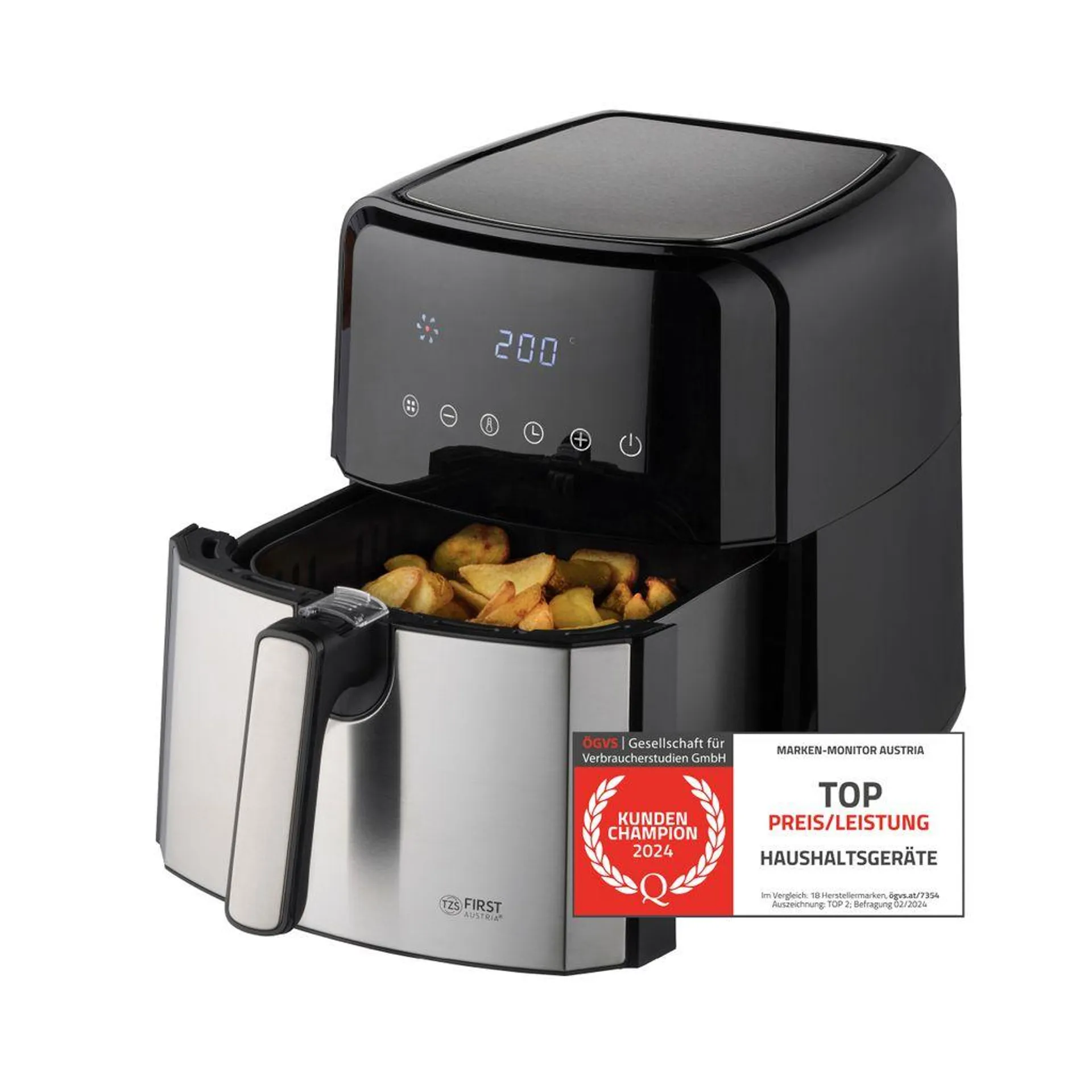 TZS First Austria Heißluftfritteuse 5L, 8 Programme, 1700W, Verzögerungstimer, Airfryer Ohne Öl & Fett, Edelstahlkorb, Kompaktfriteuse, Friteuse Heissluft Digital