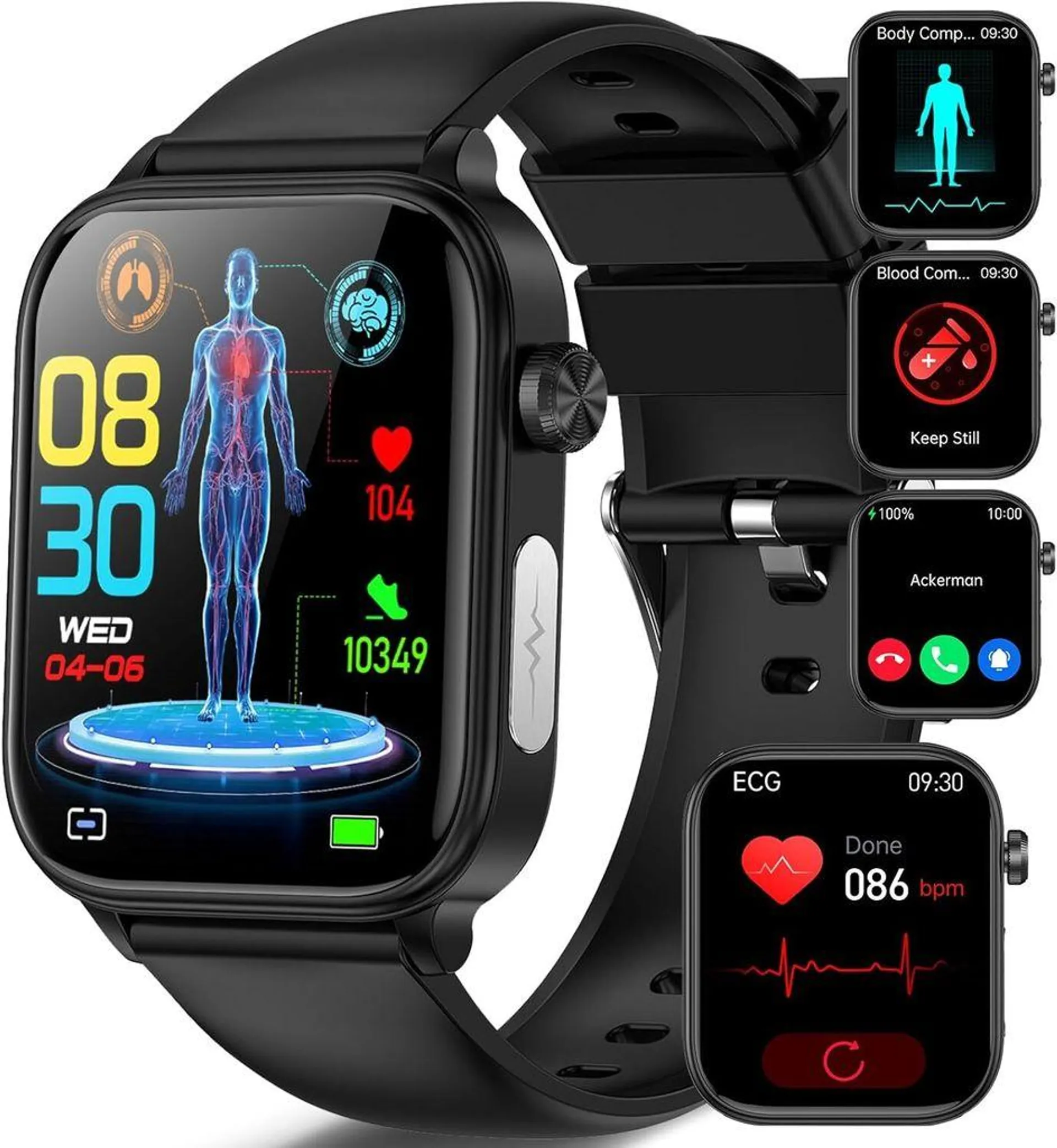 Blutzuckermessung Smartwatch ECG+HRV, Anruf, Herzfrequenz, SPO2, BP, Temperatur, Schlaf, SOS, Android/iOS