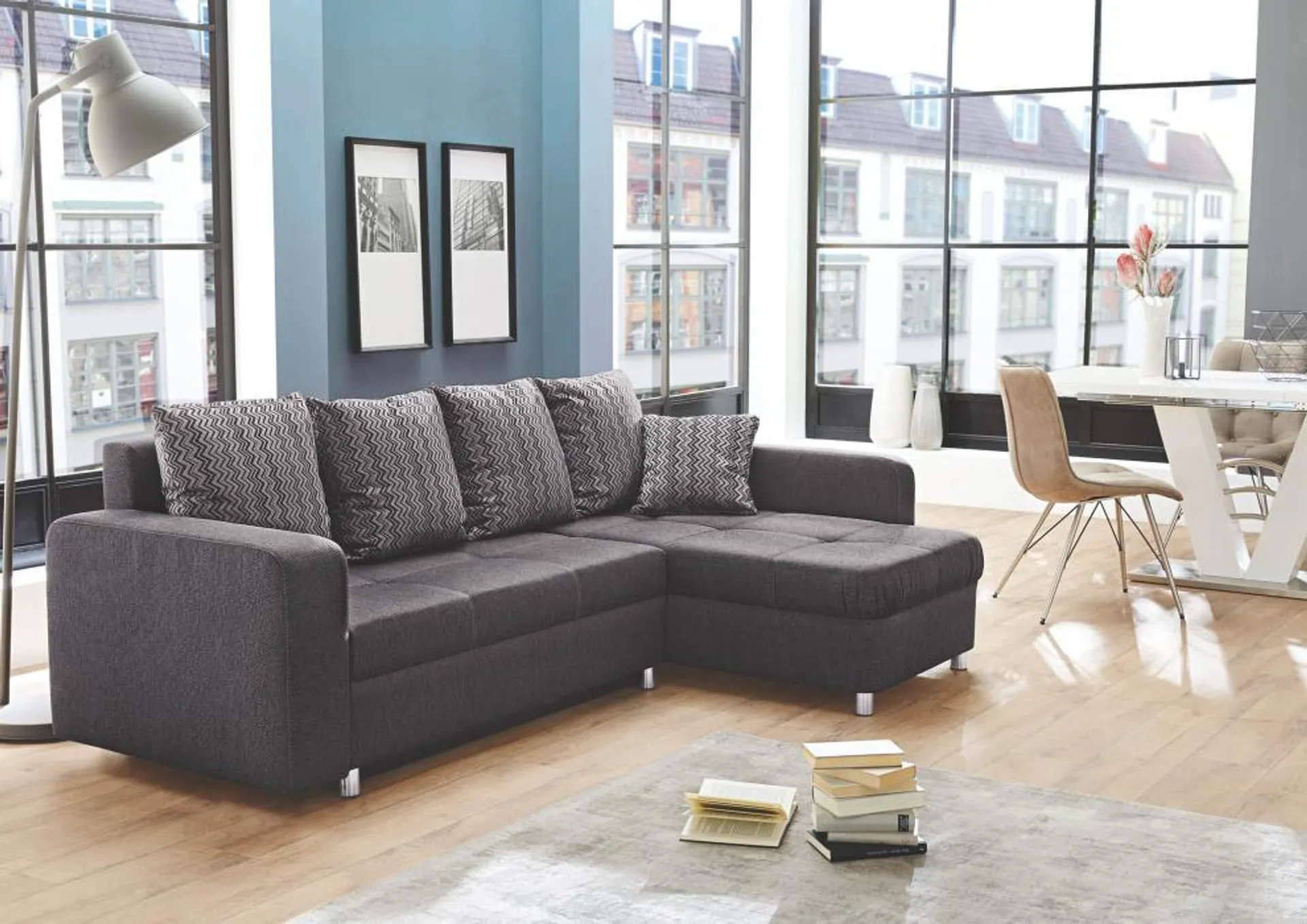 Ecksofa klein mit Schlaffunktion und Bettkasten Grau-Schwarz 235 x 154 cm beidseitig montierbar LYON