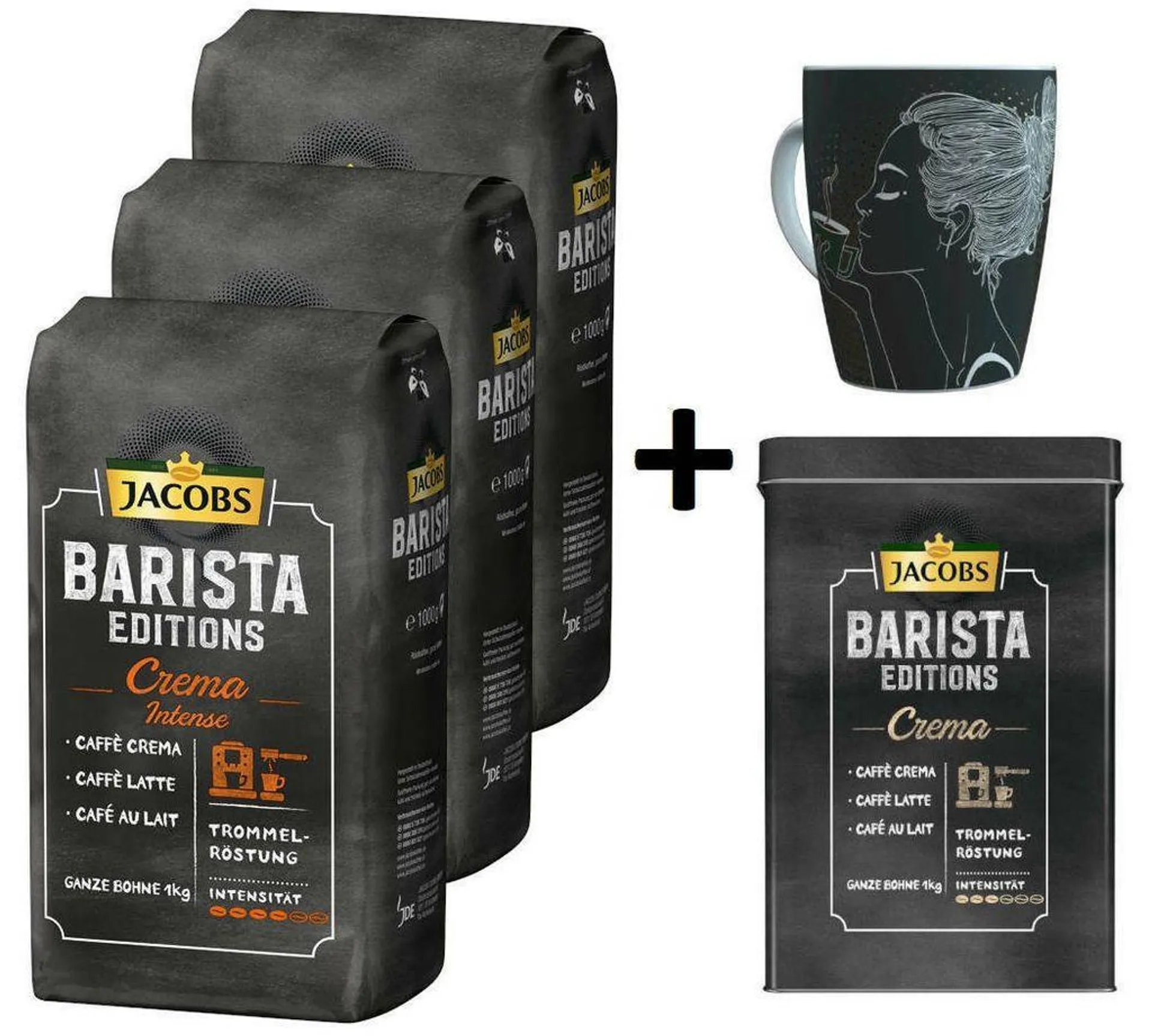 JACOBS Kaffeebohnen Barista Editions Crema Intense 3 kg geöstete Bohnen+ 1 Jacobs Barista Becher+ 1 Dose