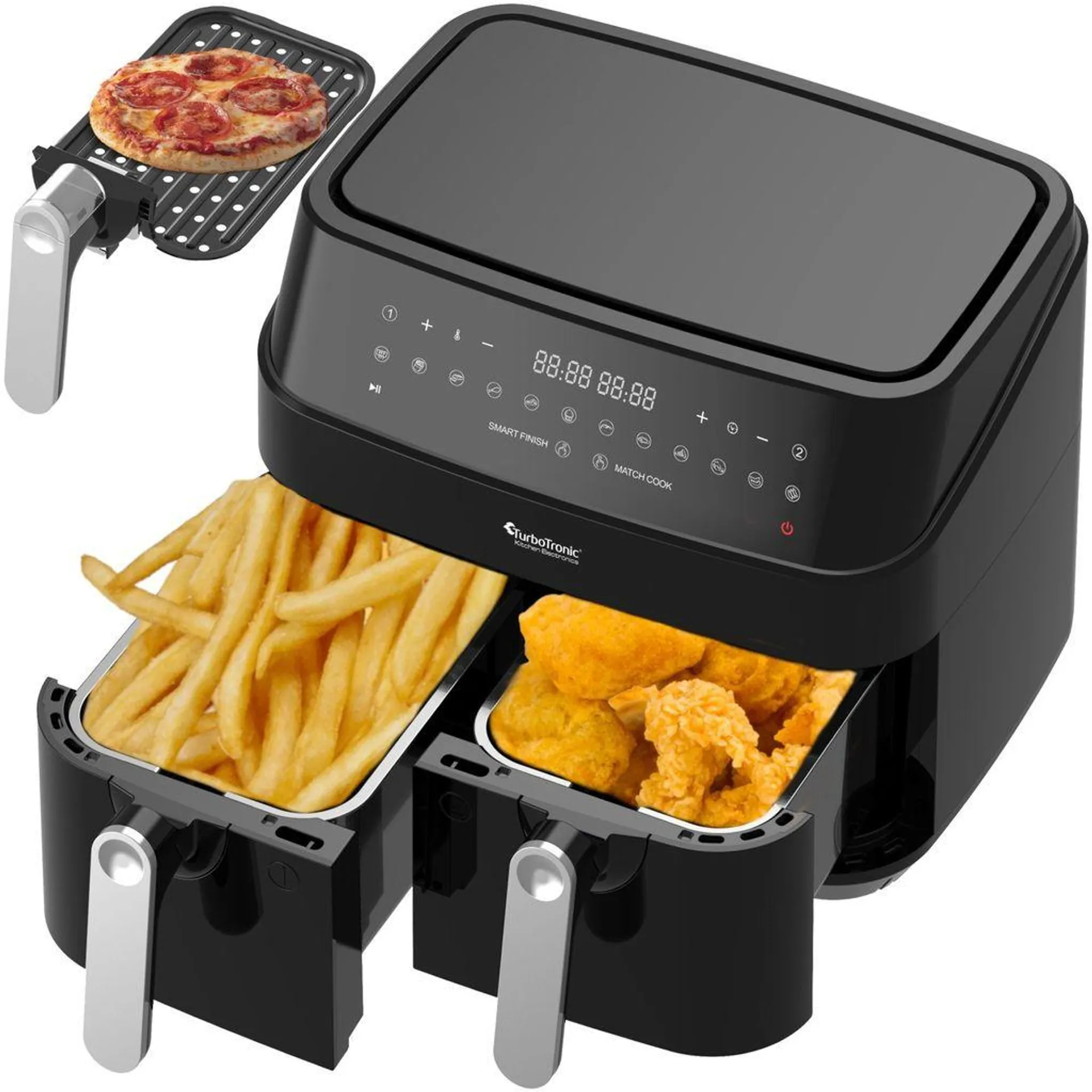 TurboTronic Heißluftfritteuse XXL doppel Airfryer 1600W / 9L (2x 4,5L Kammer) 12 Programme digitale Heißluft Fritteuse ohne Fett Öl Dual Luftfritteuse Air Friteuse Power