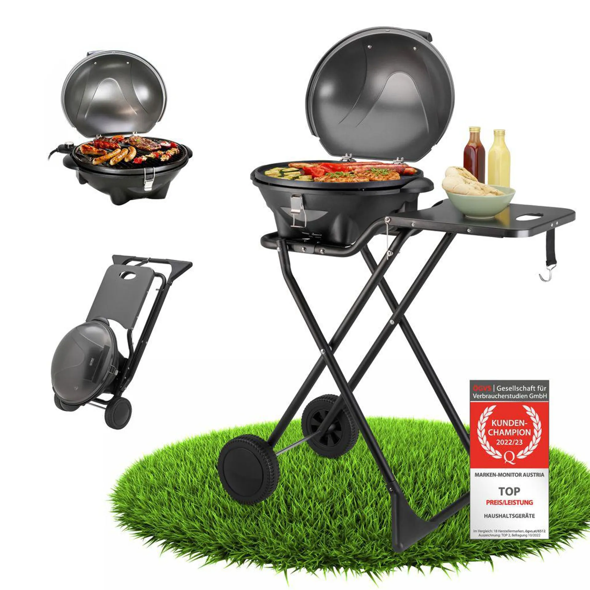 TZS First Austria 2in1 Elektrogrill – extrem stabiler & klappbarer Elektrogrill für Balkon – abnehmbarer 2400 Watt Standgrill mit Deckel, Standfuß & Rädern – inkl. Temperaturregler