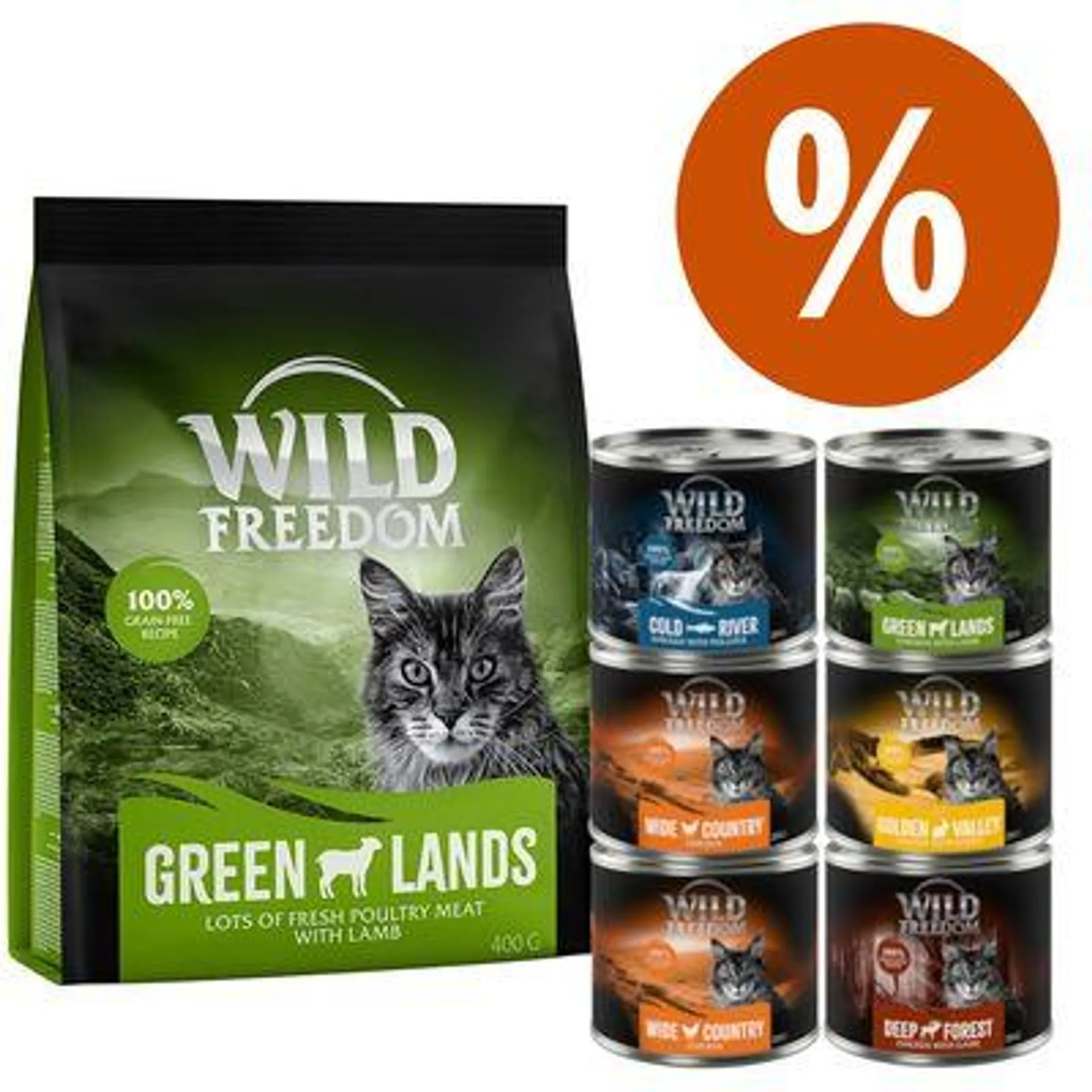 Wild Freedom Probierpaket: 400 g Trockenfutter + 6 x 200 / 70 g Nassfutter