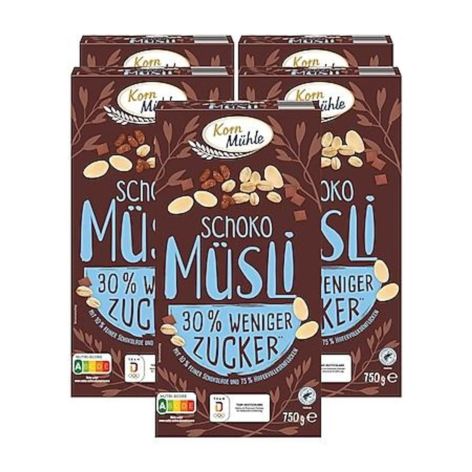 Kornmühle Schoko Müsli weniger süß 750 g, 5er Pack