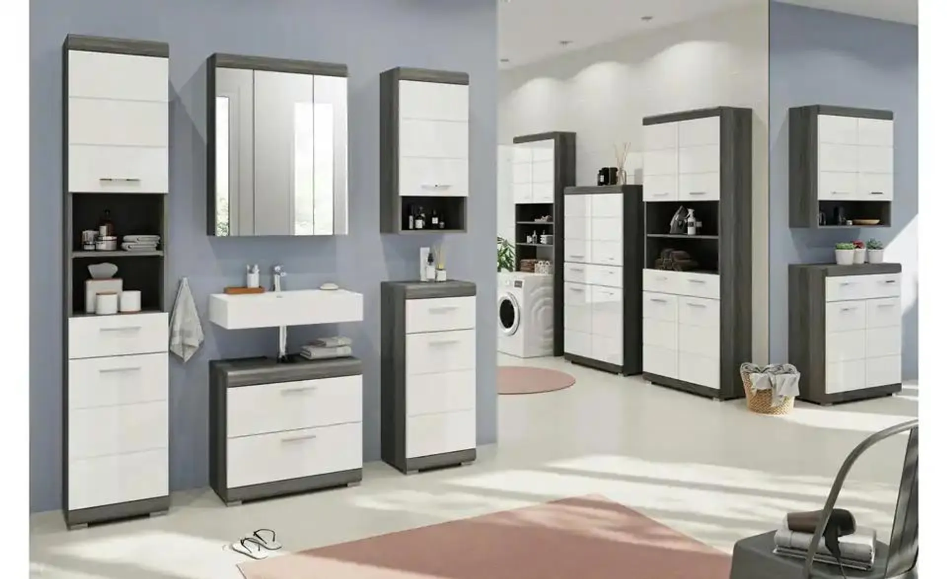 Hochschrank SCHLOONSEE, Breite 74cm, 4 Türen, 1 Schubkasten, 2 offene Fächer, MDF-Front, in verschiedenen Farben erhältlich, Badmöbel, Badschrank, Schrank, Bad