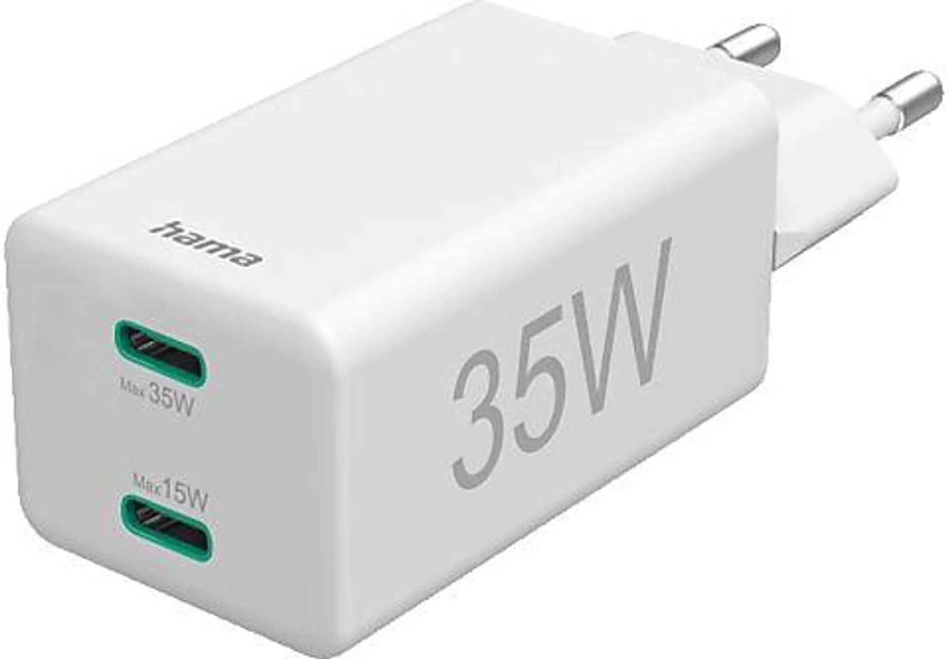 HAMA 2x USB-C, PD / Qualcomm®, Mini Schnellladegerät Universal 35 Watt, Weiß