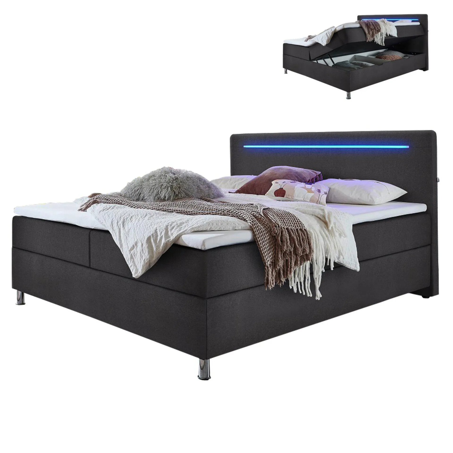 Boxspringbett- anthrazit - H2 - Bettkasten - LED-Beleuchtung - 180x200 cm