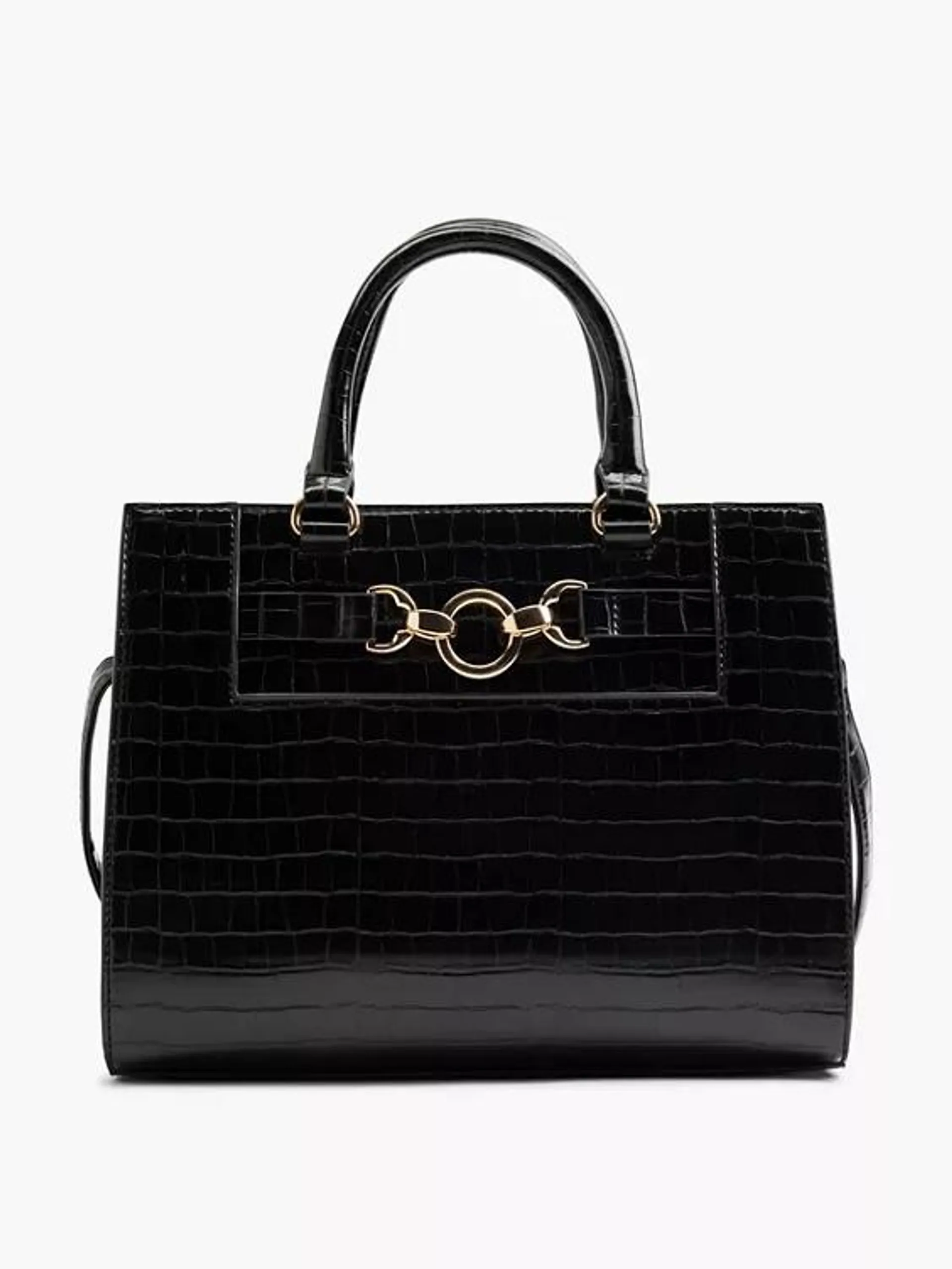 Black Handbag with Removable Strap and Metal Trim Detail