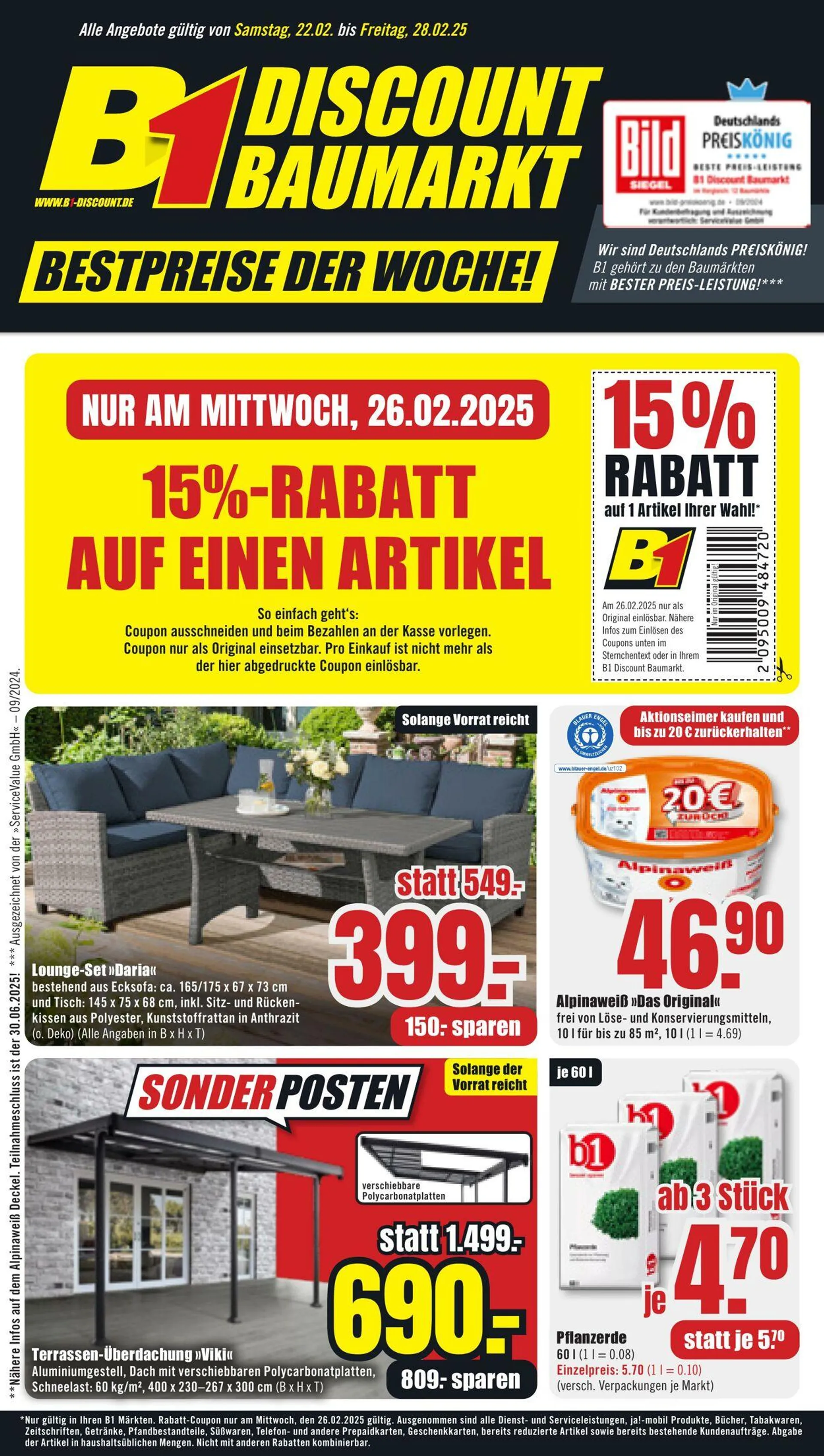 B1 Discount Baumarkt von 21. Februar bis 26. Februar 2025 - Prospekt seite 1