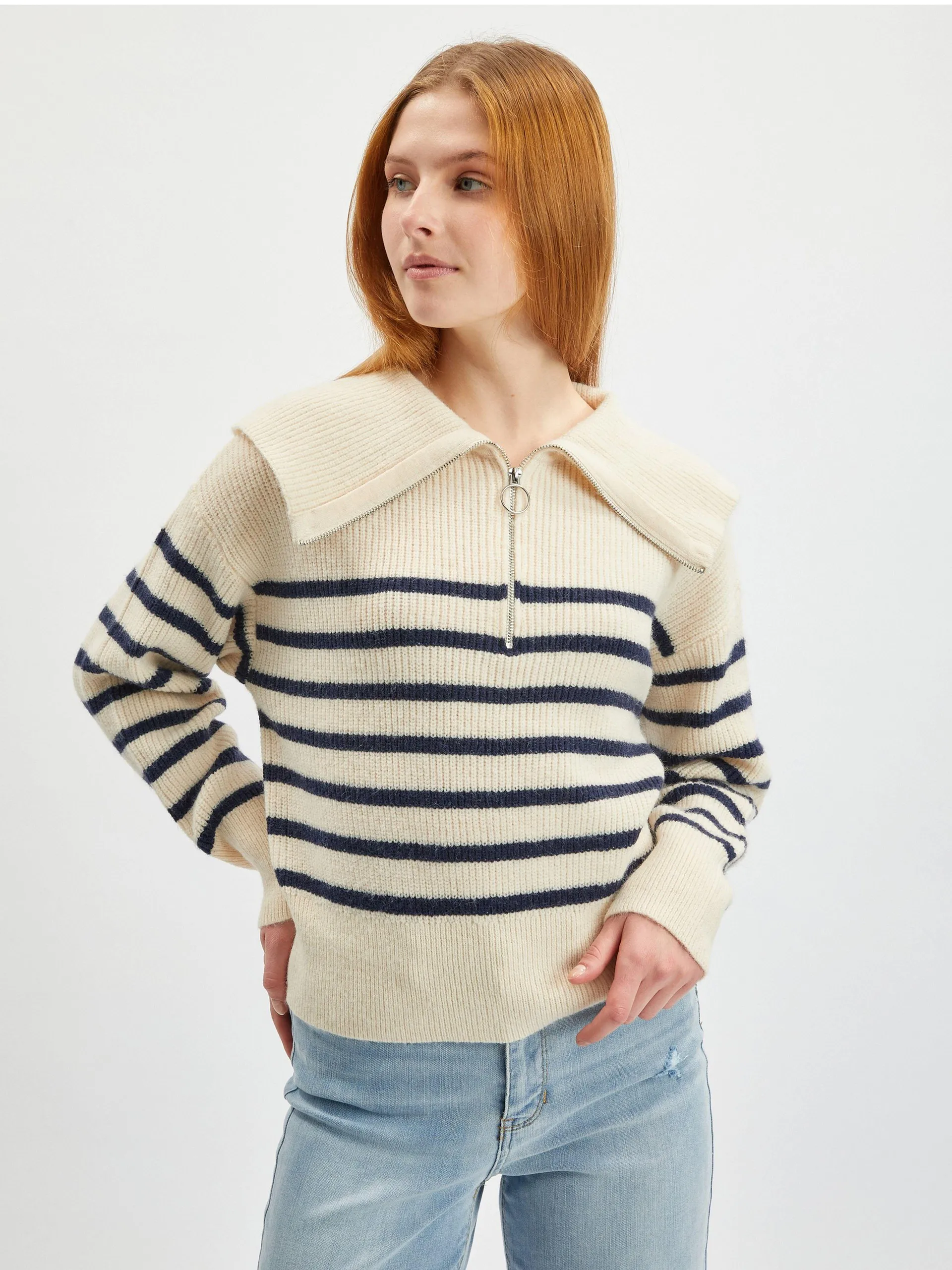 Cremefarbener gestreifter Damen-Pullover ORSAY