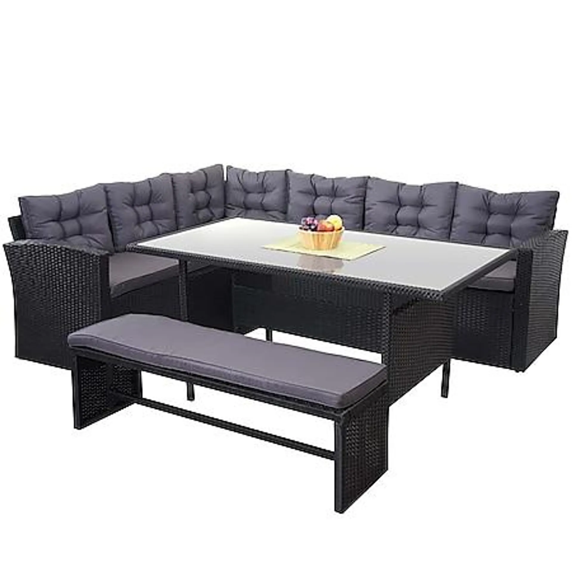 Poly-Rattan-Garnitur MCW-A29, Gartengarnitur Sitzgruppe Lounge-Esstisch-Set, schwarz ~ Kissen dunkelgrau, mit Bank