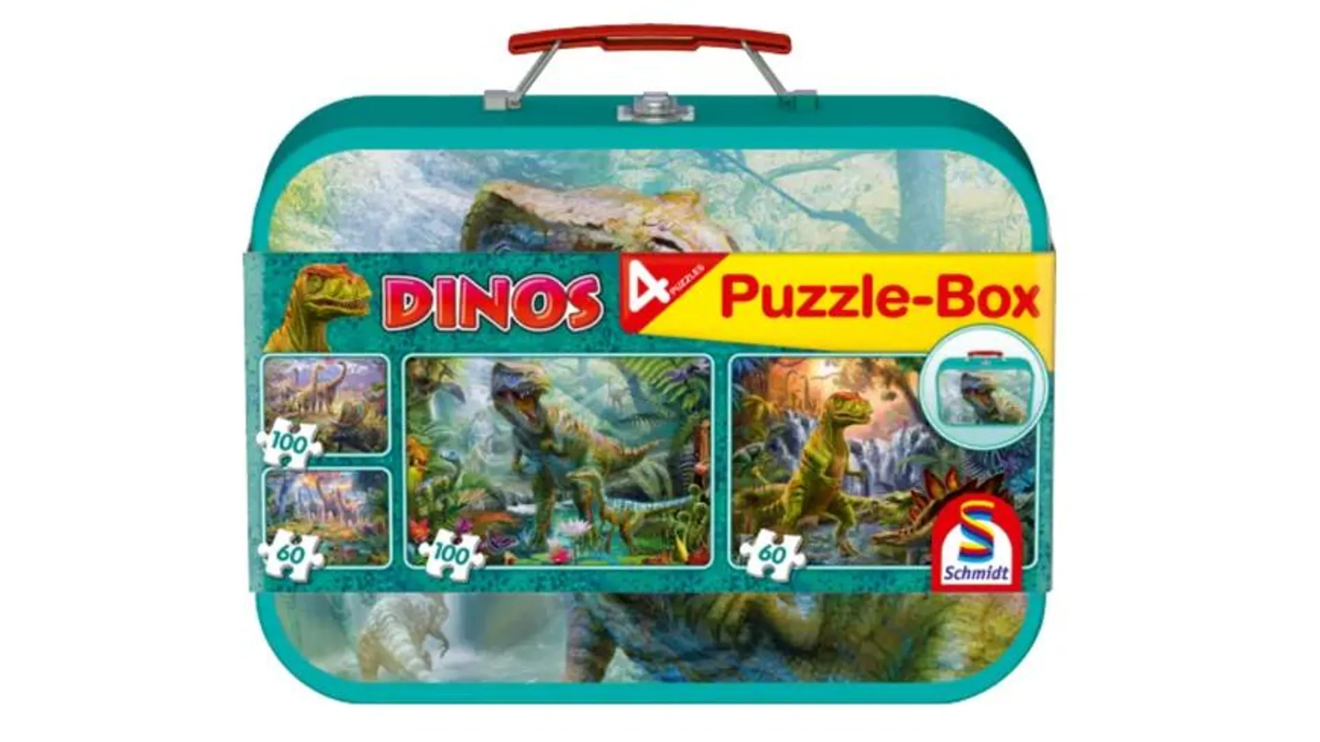 Schmidt Spiele - Kinderpuzzle - Dinos, Puzzle-Box im Metallkoffer, 2x100, 2x60 Teile