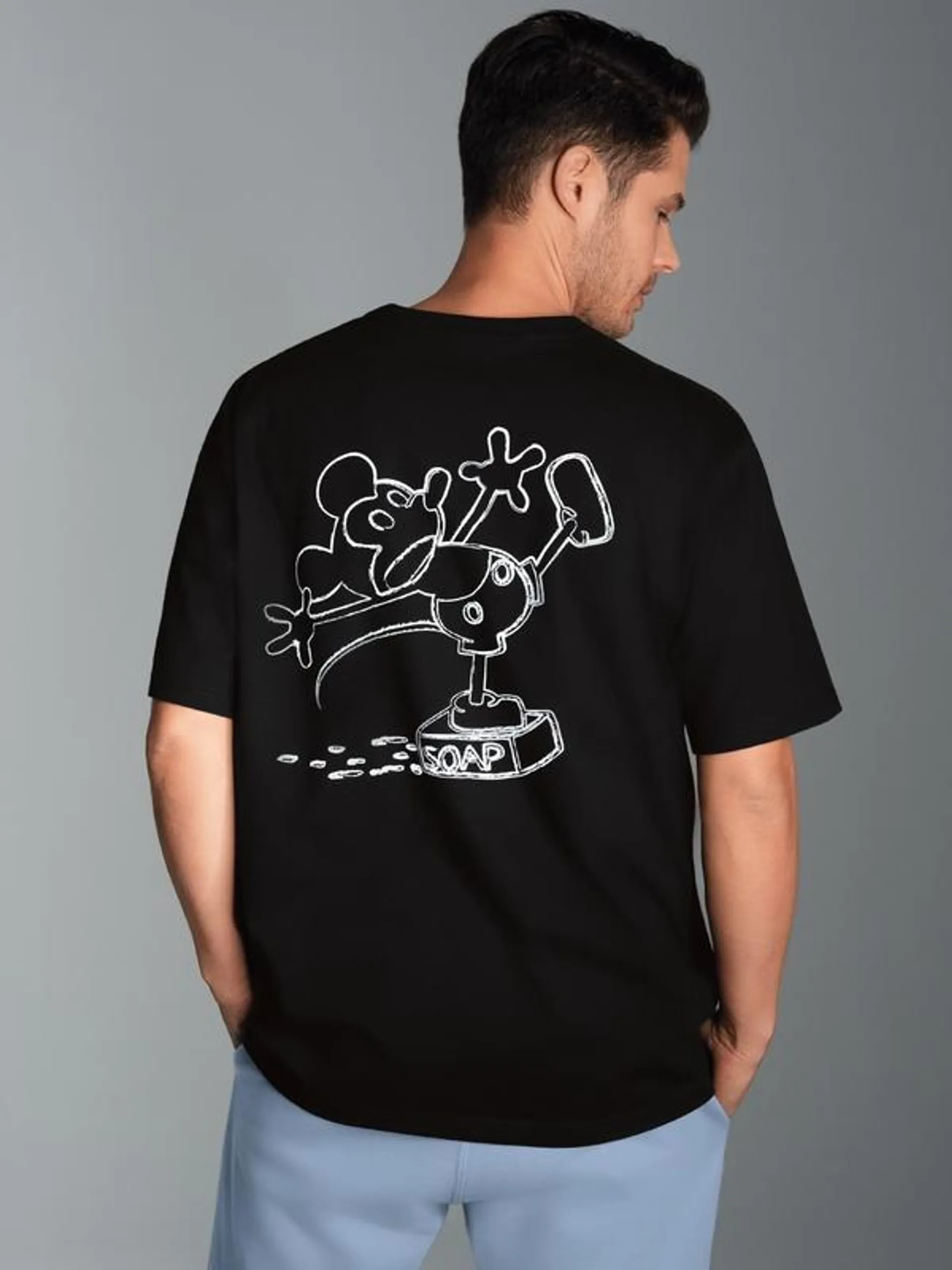 Heavy Oversized T-Shirt mit großem Comic Maus-Backprint Schwarz