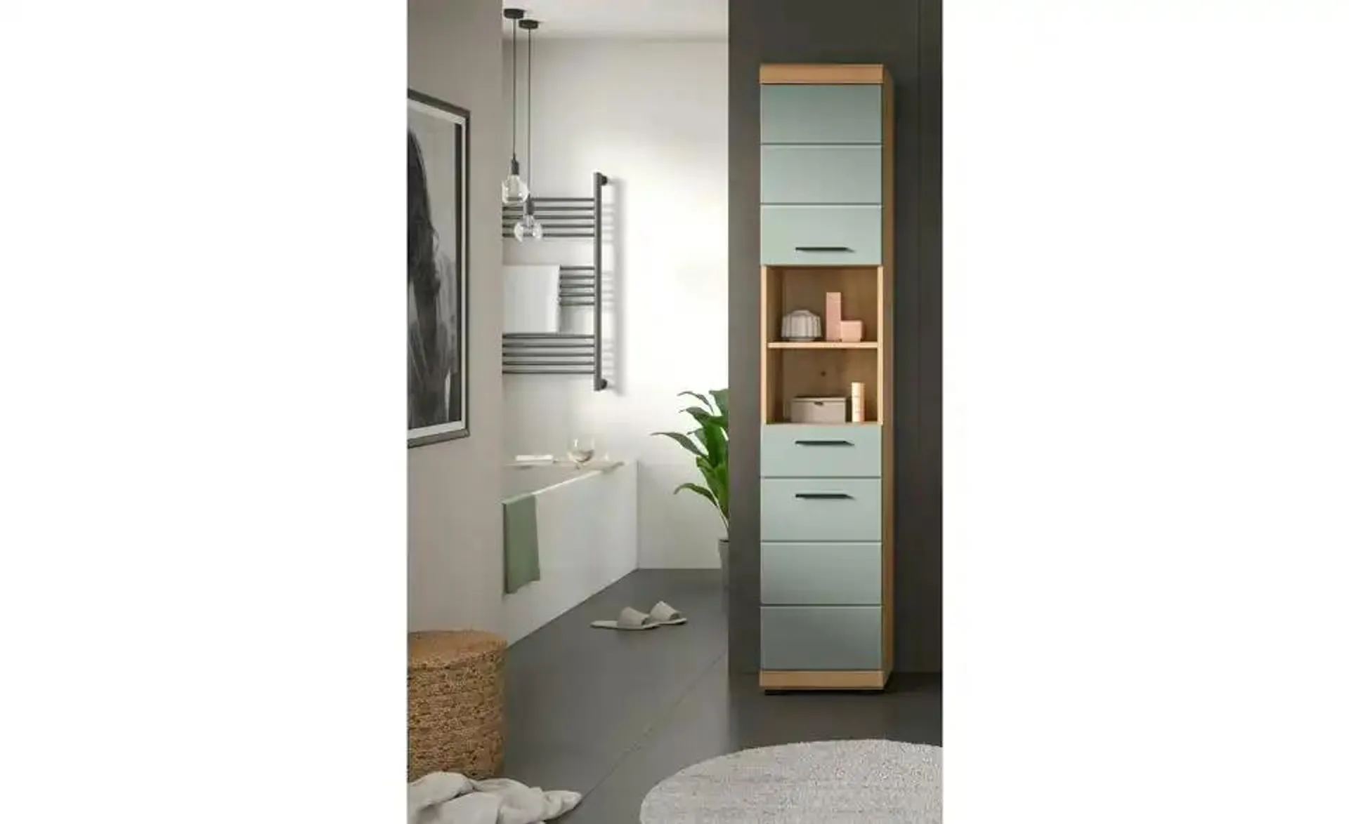Hochschrank SCHLOONSEE, Breite 37cm, 2 Tür, 1 Schubkasten, 2 offene Fächer, MDF-Front, in verschiedenen Farben erhältlich, Badmöbel, Badschrank, Schrank, Bad