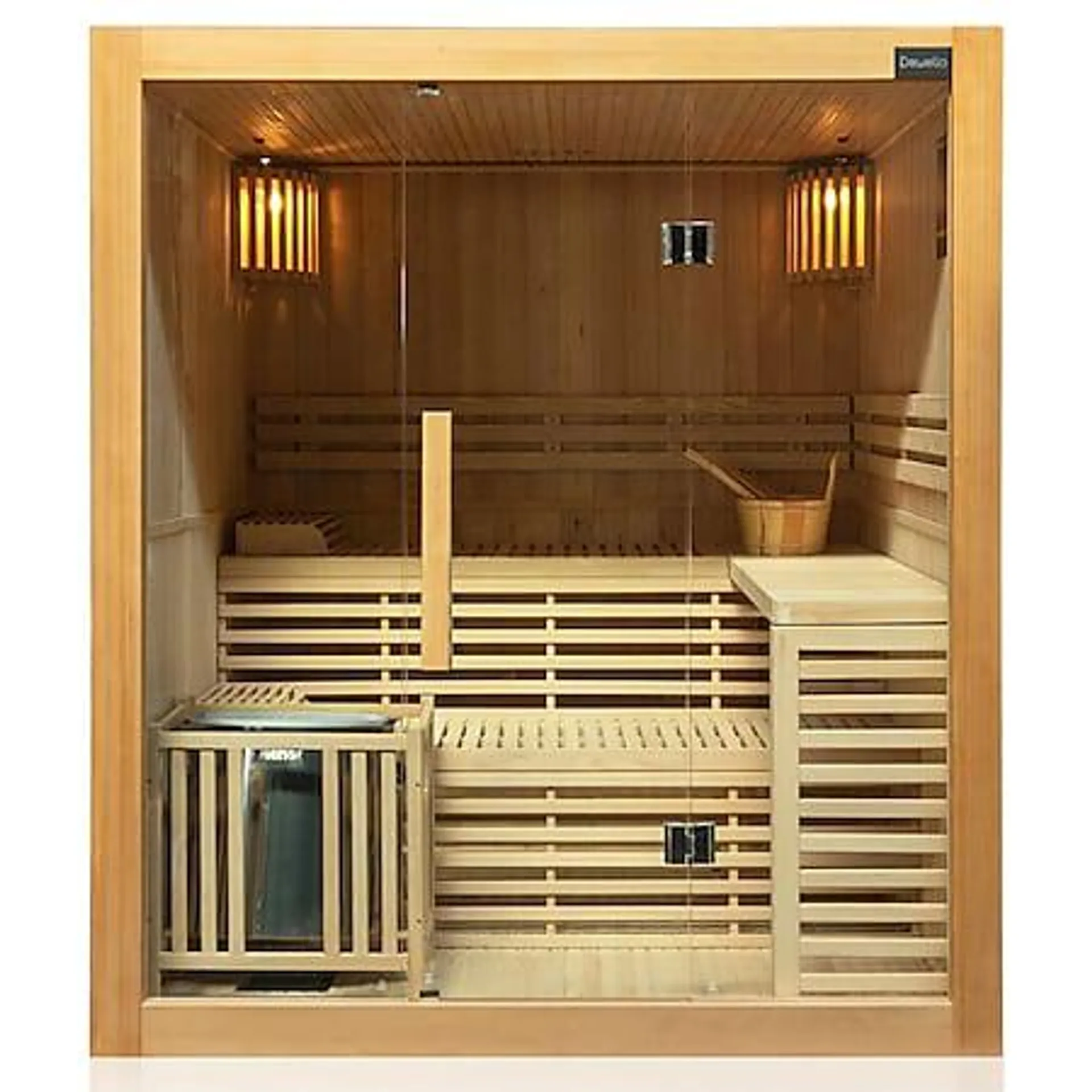 Dewello® Finnische Traditionelle Sauna SARNIA 180cm x 140cm inkl. 6 KW Harvia Ofen, inkl. Aufguss-Set, Sanduhr, Thermometer