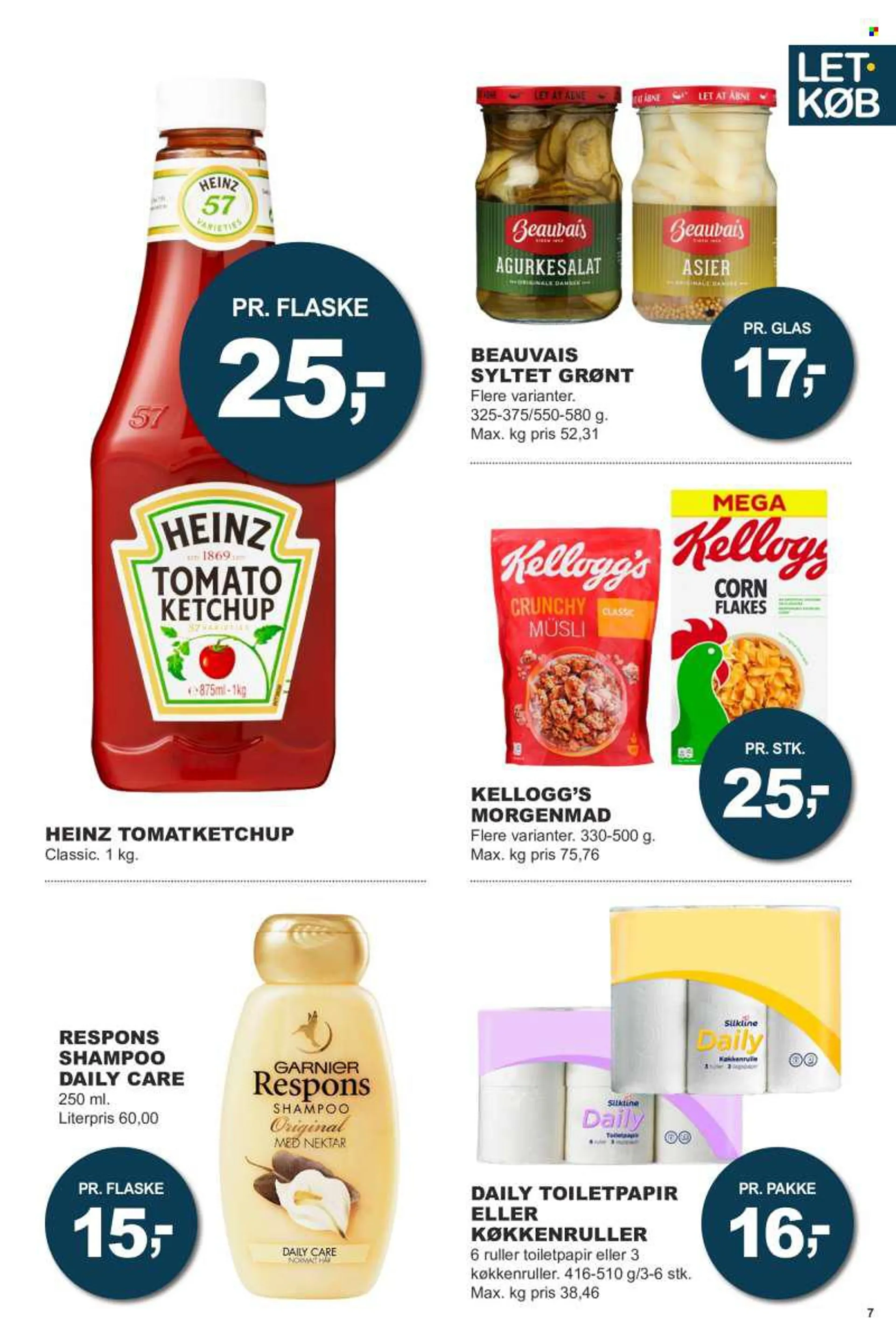 Let-Køb tilbud  - 15.08.2022 - 28.08.2022 - tilbudsprodukter - Heinz, syltet grønt, Kelloggs, müsli, ketchup, køkkenrulle, toiletpapir, shampoo, Garnier. Side 7.