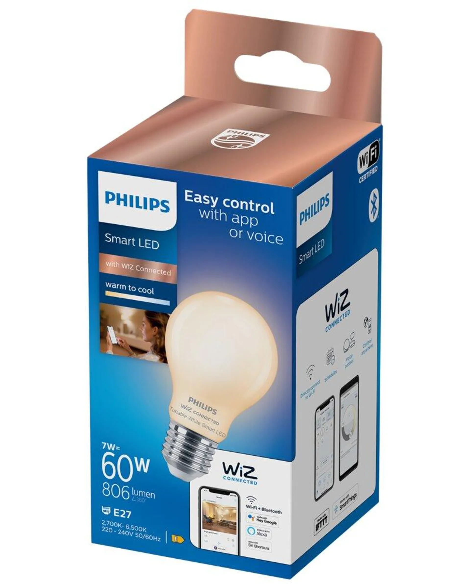 PHILIPS Smart LED-pære 7W E27 A60 - WarmToCool