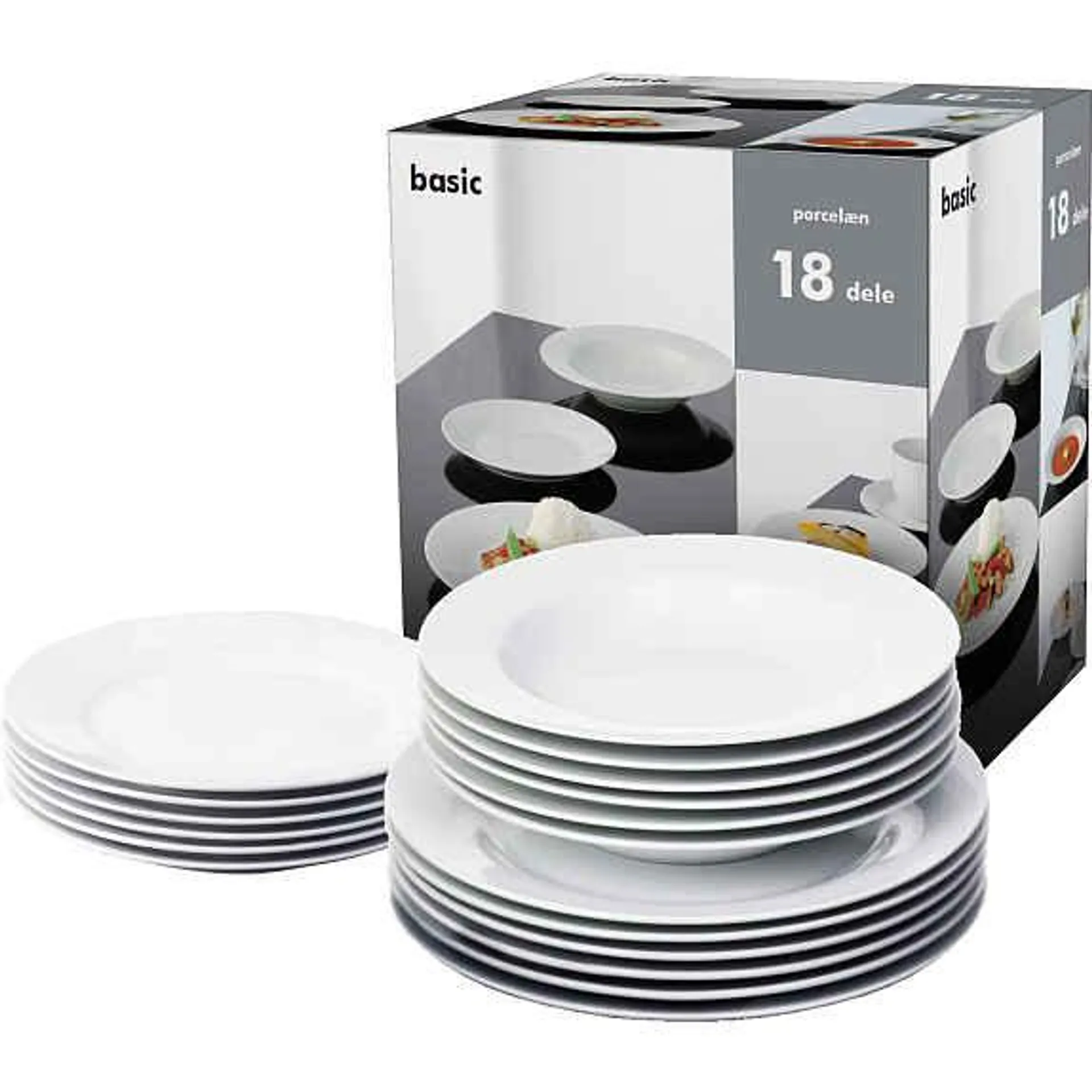 Basis sæt med 6 frokost- 6 middag- 6 suppetallerkner