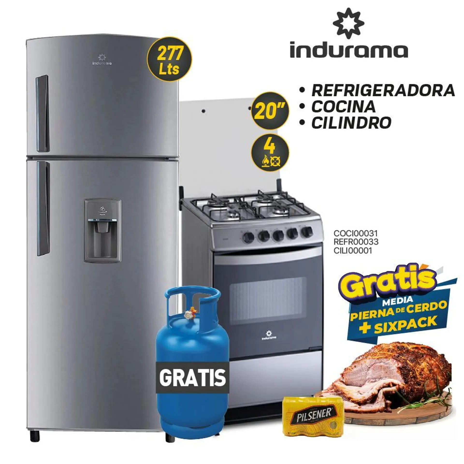 MEGA COMBO 9: COCINA + REFRIGERADORA INDURAMA