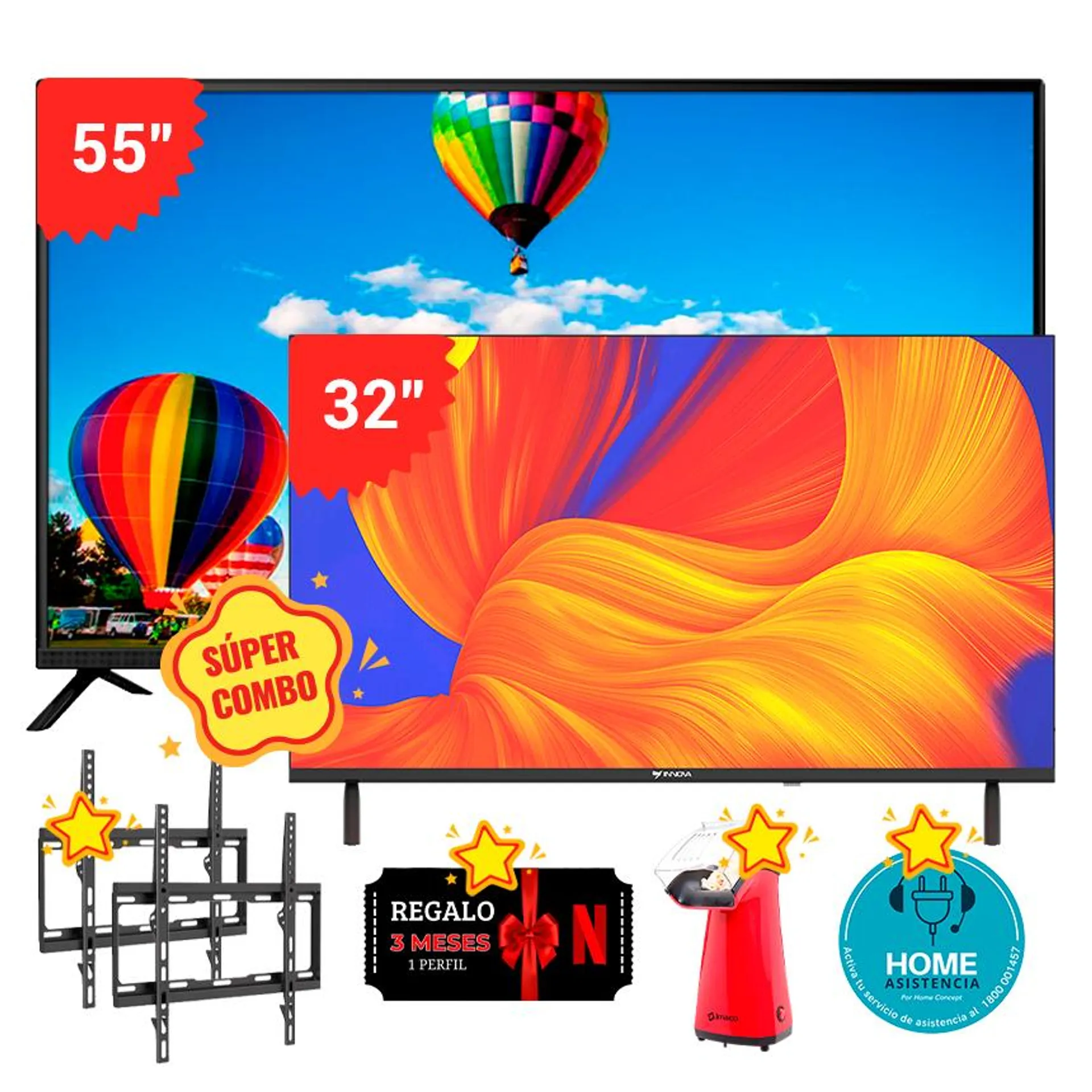 COMBO INNOVA 55" SMART LED UHD (IN-LED55-ANDR11-MO) + 32" SMART LED HD (IN-LED-32HD-GTV-MO)