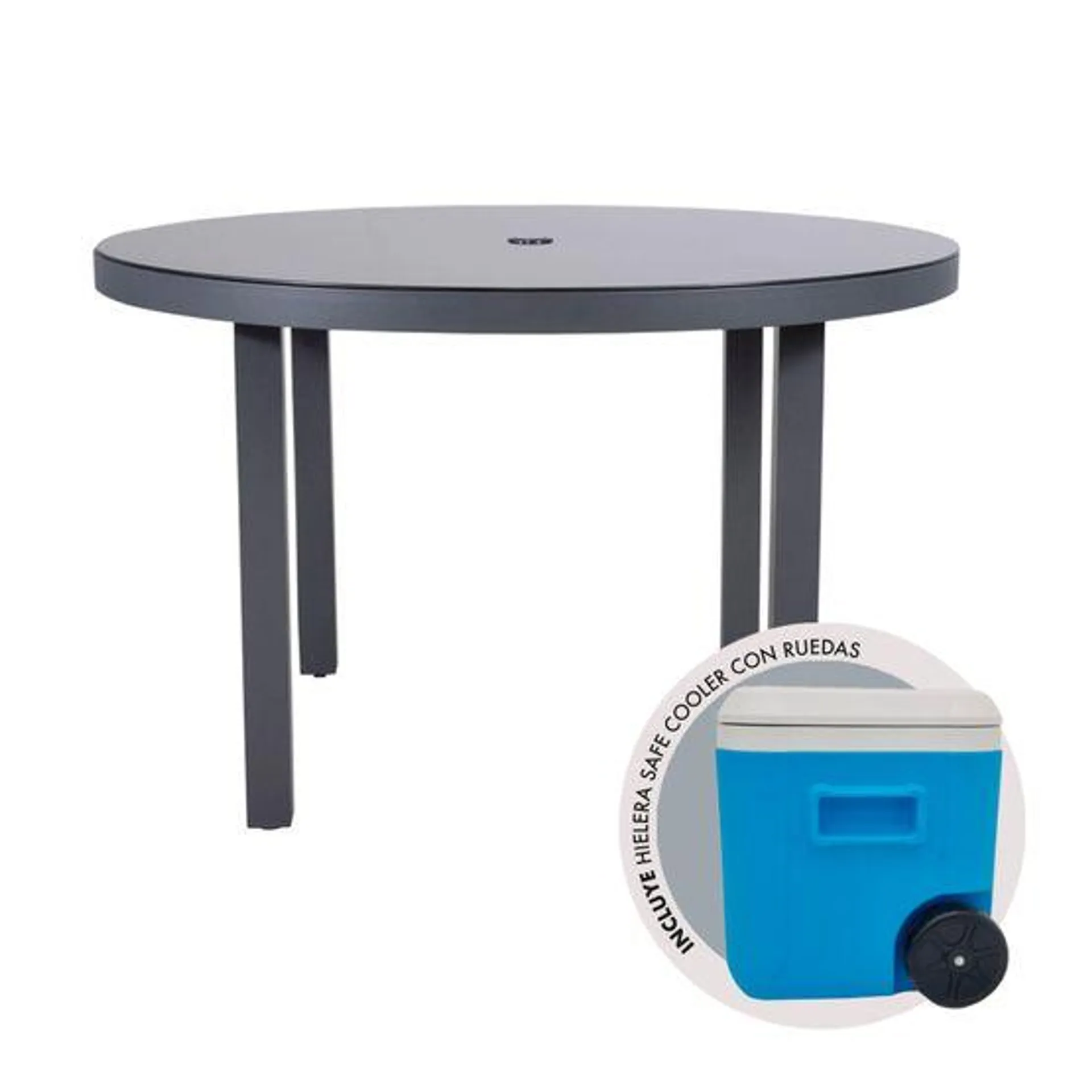 Mesa de Comedor Redonda Con Hueco Cooper + Hielera Safe 45L| Gris Oscuro